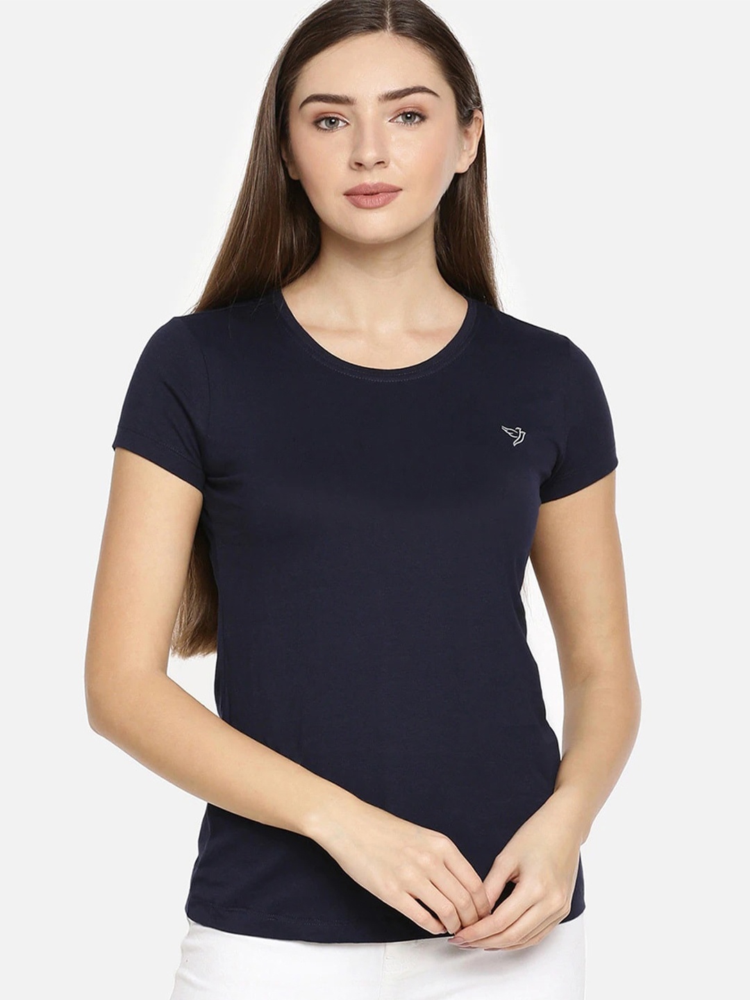 

TWIN BIRDS Women Slim Fit Short Sleeves Pure Cotton T-shirt, Navy blue