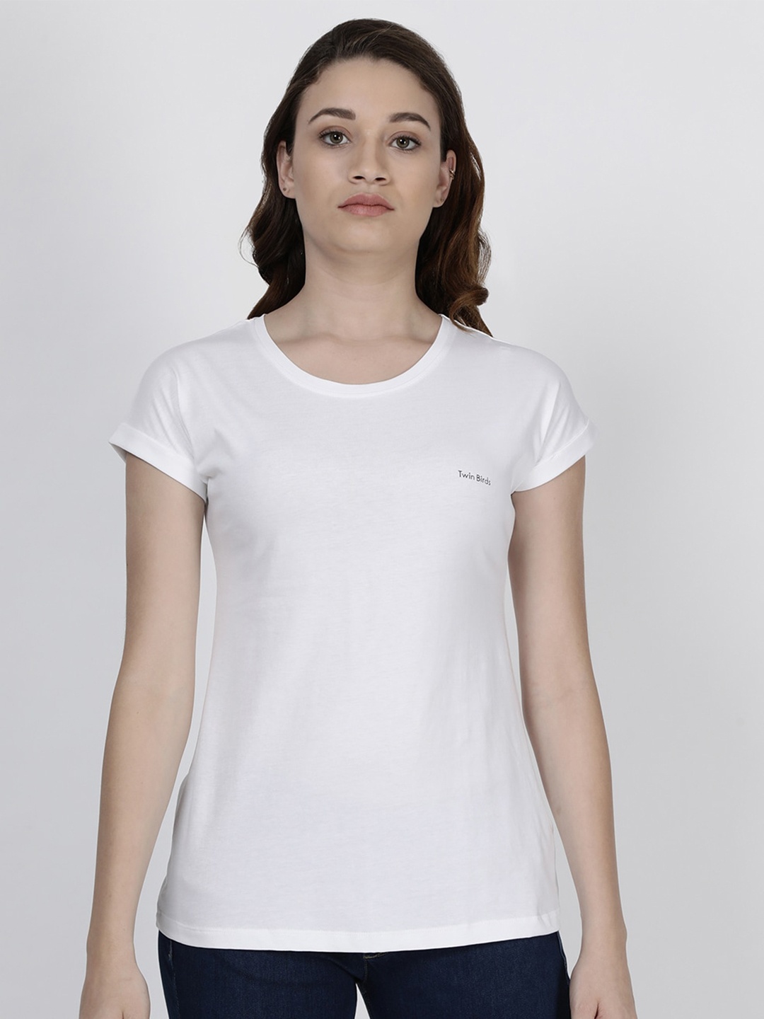 

TWIN BIRDS Women Short Sleeves Pure Cotton T-shirt, White