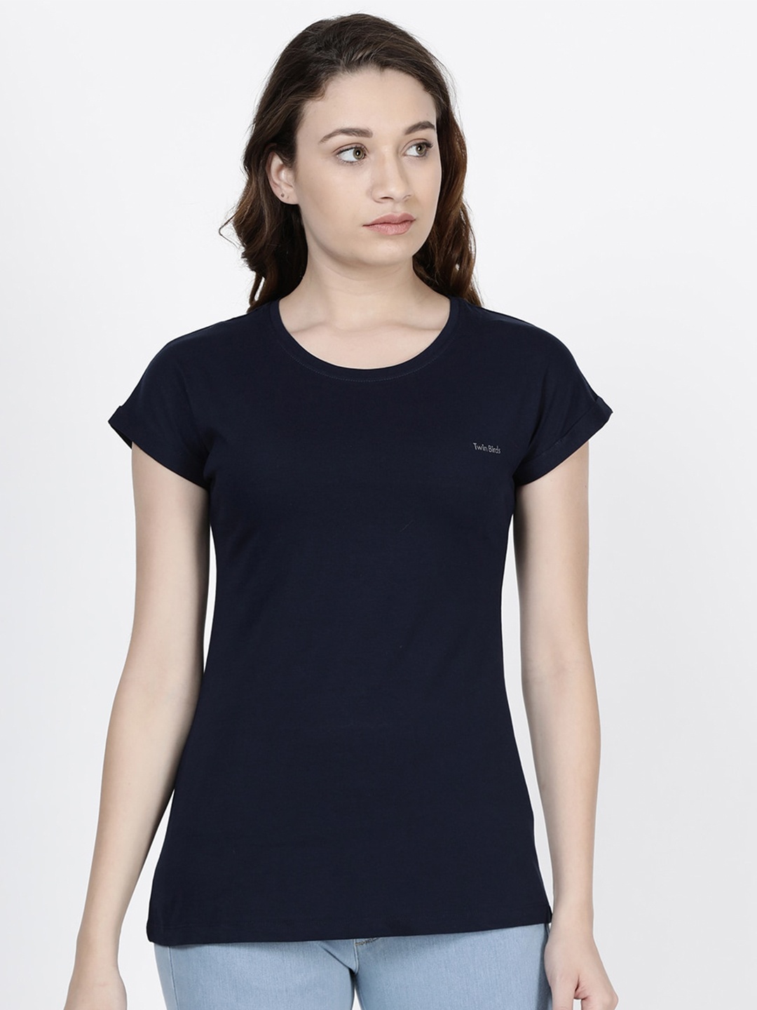 

TWIN BIRDS Women Pure Cotton T-shirt, Navy blue