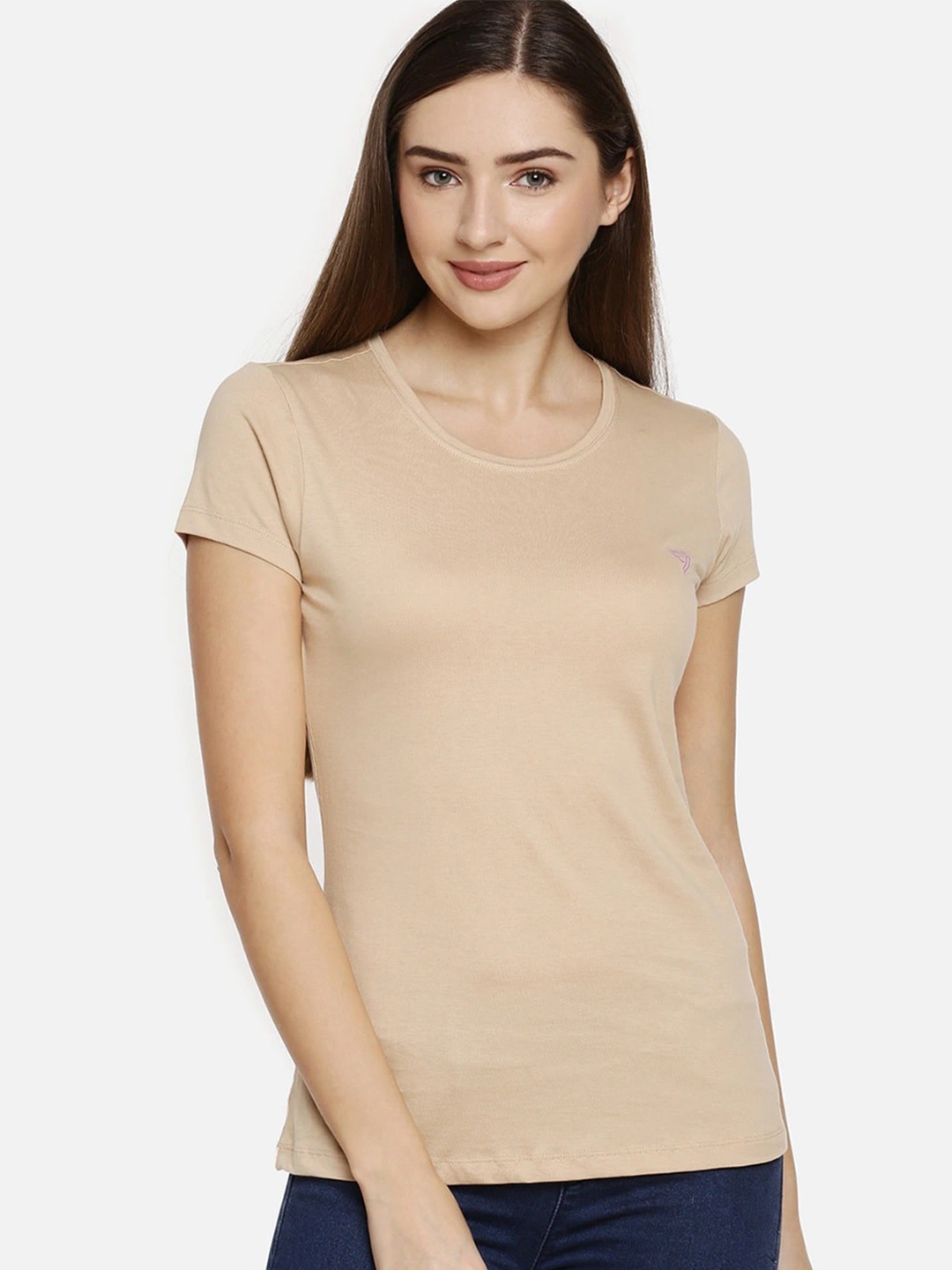 

TWIN BIRDS Women Pure Cotton Slim Fit T-shirt, Beige