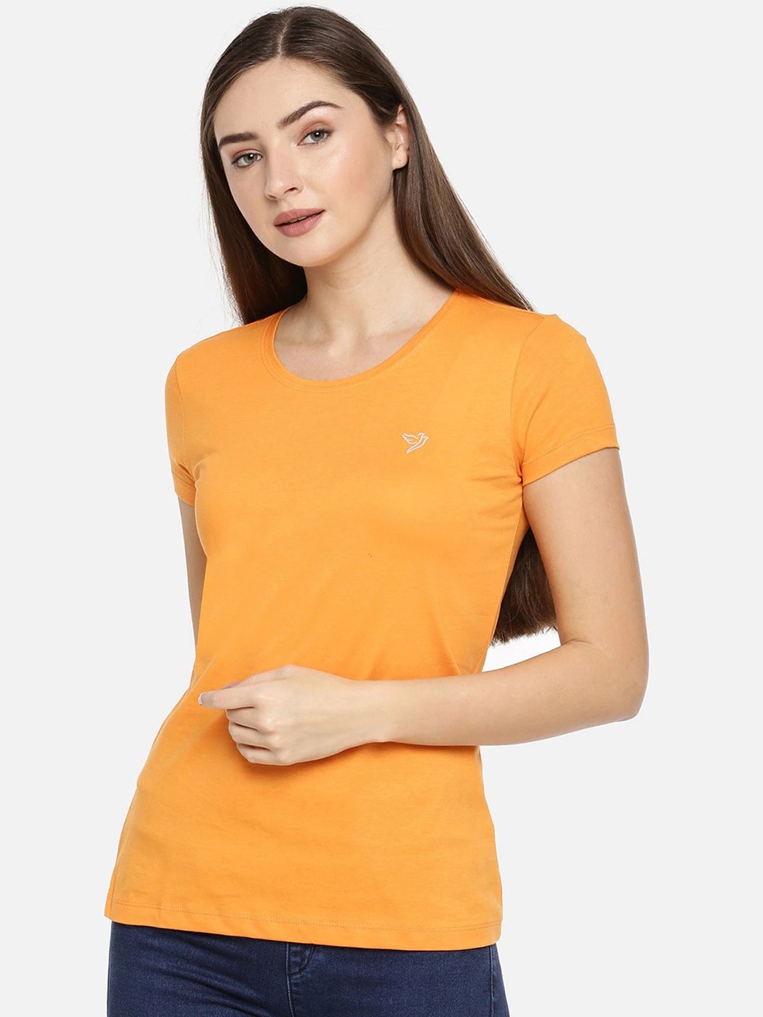 

TWIN BIRDS Women Slim Fit Pure Cotton T-shirt, Orange
