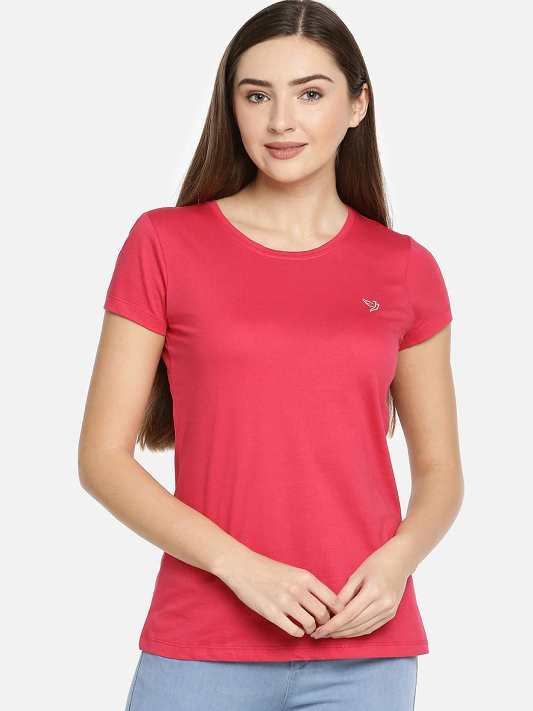 

TWIN BIRDS Women Round Neck Slim Fit Cotton Pure T-shirt, Pink