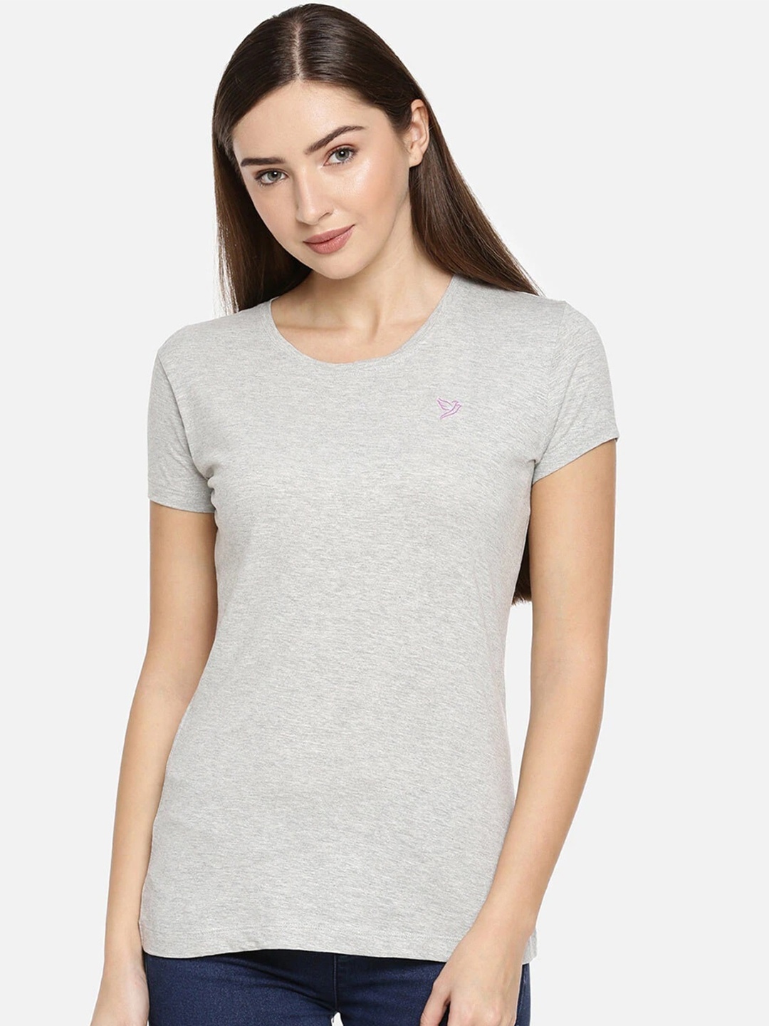 

TWIN BIRDS Women Round Neck Slim Fit T-shirt, Grey melange