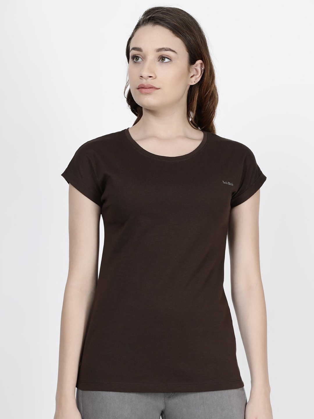 

TWIN BIRDS Women Extended Sleeves Cotton T-shirt, Brown