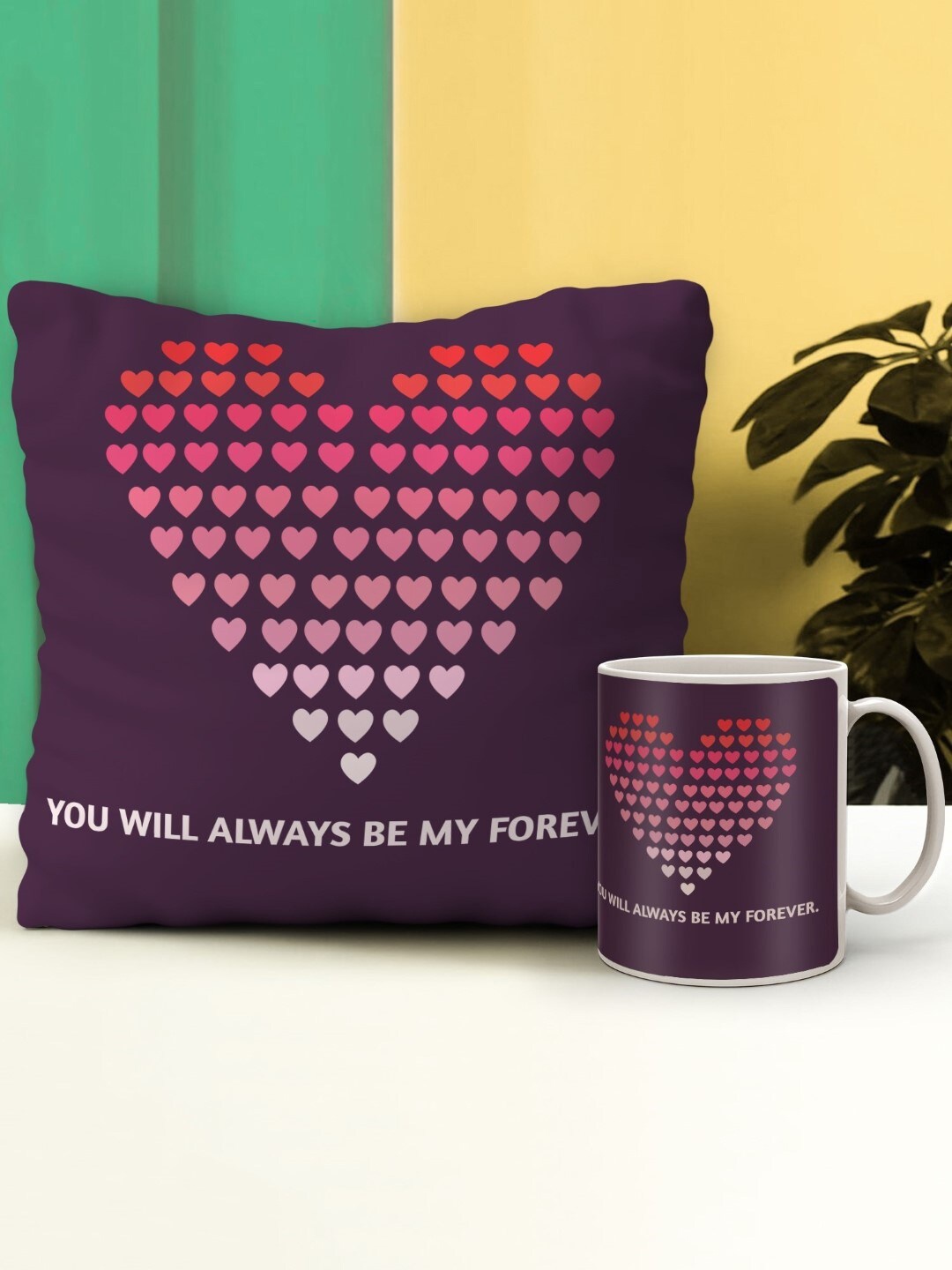 

Indigifts Purple Printed Pre- Filled Square Cushions With Ceramic Mug