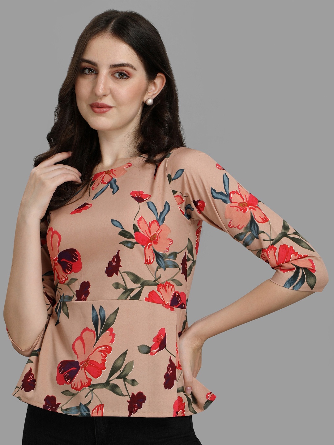 

Vaidehi Fashion Floral Printed Peplum Top, Peach