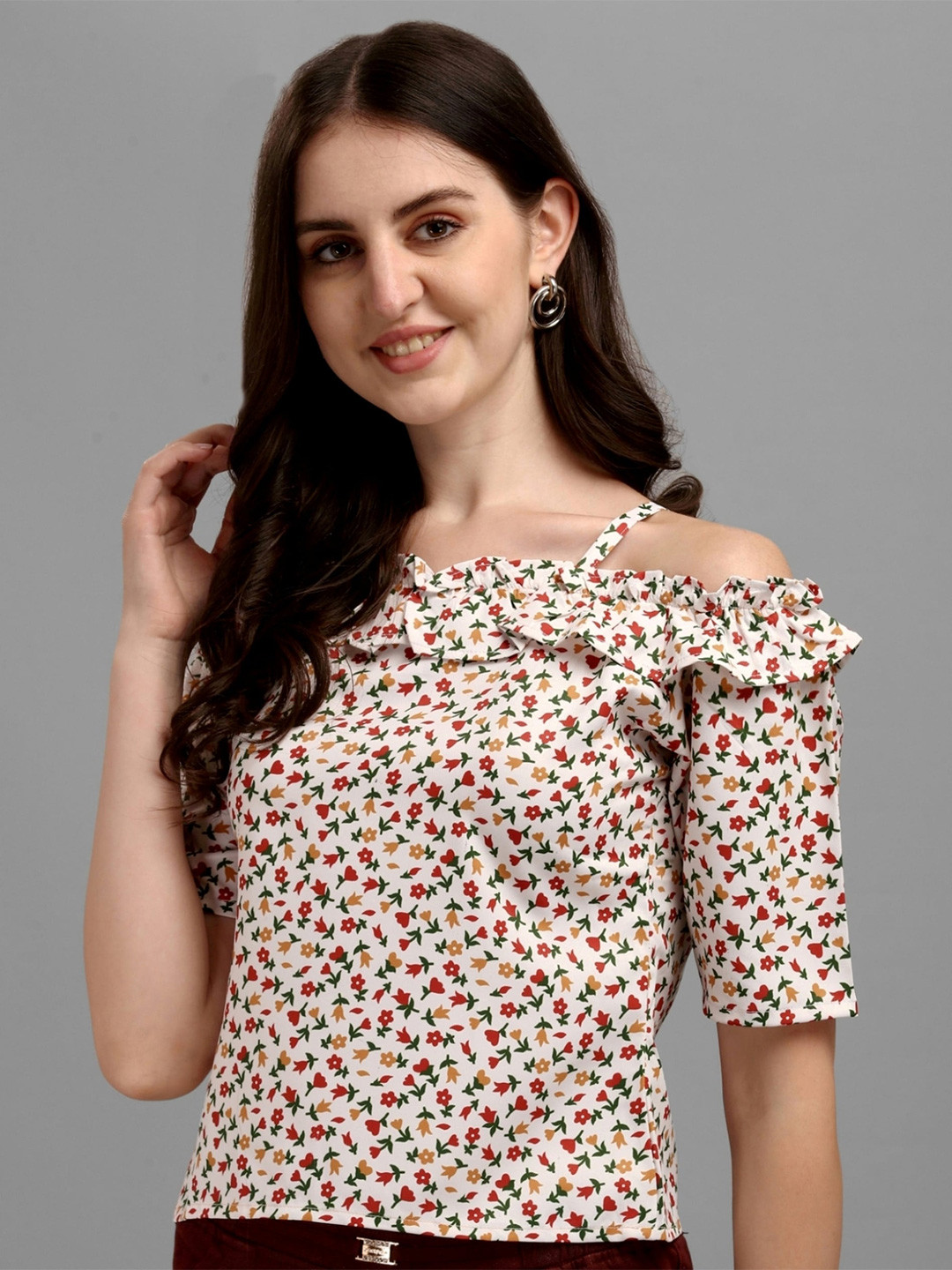 

Vaidehi Fashion Floral Print Ruffles Top, Cream