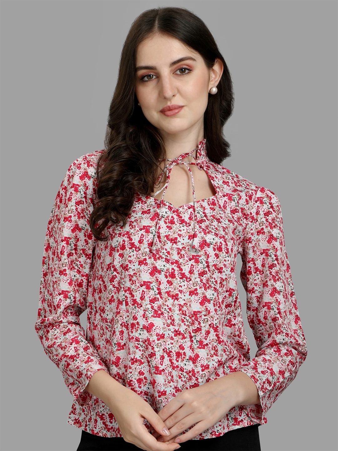 

Vaidehi Fashion Floral Printed Tie-up Neck Crepe Top, Red