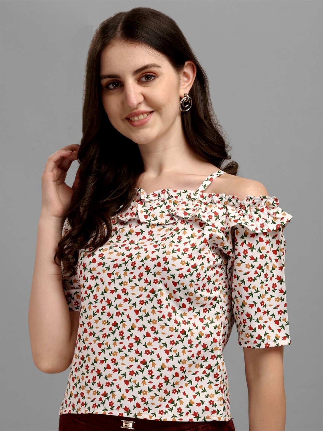 

Vaidehi Fashion Floral Printed Cold-Shoulder Sleeves Crepe Top, Cream