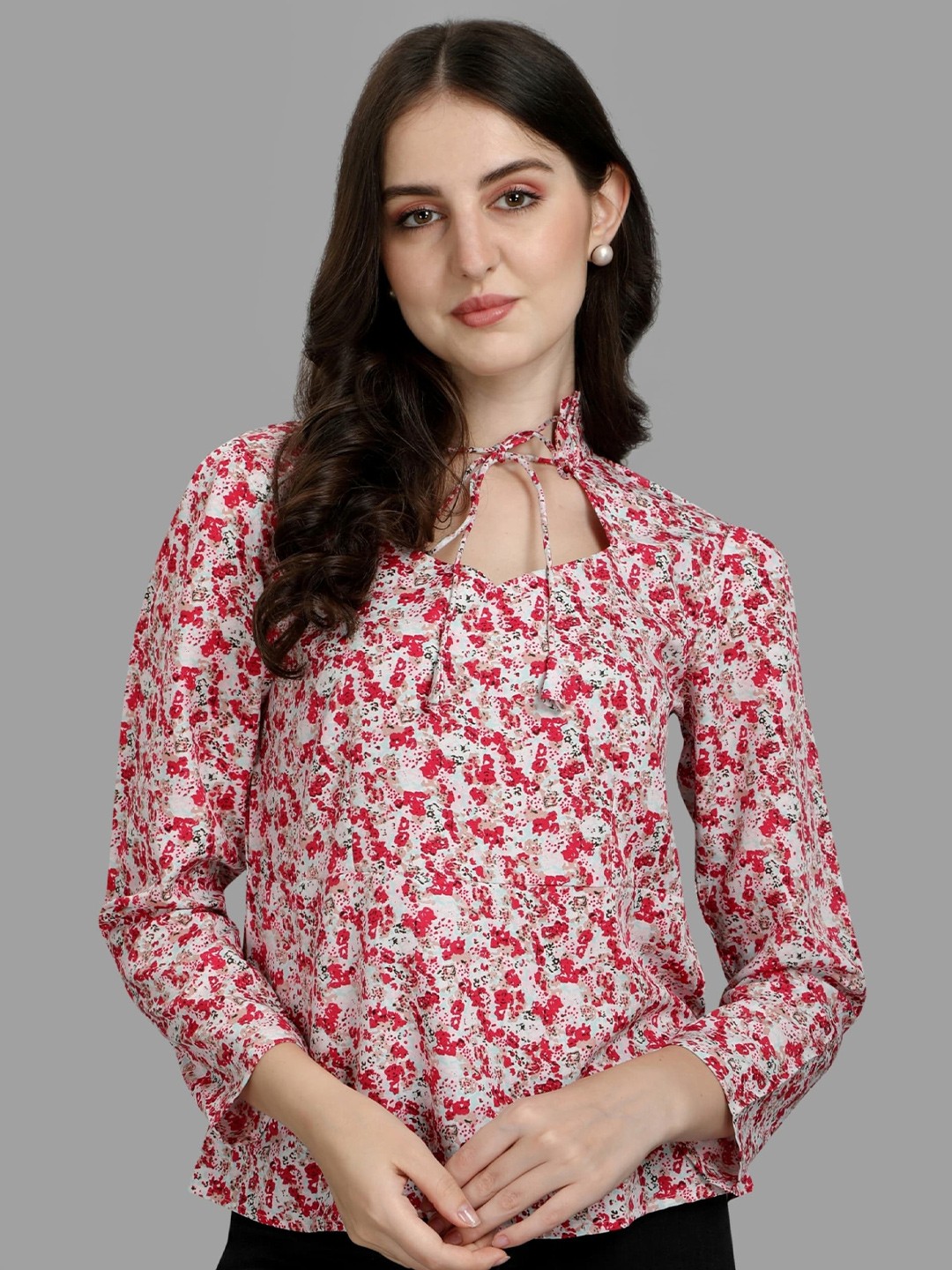 

Vaidehi Fashion Floral Printed Tie-up Neck Crepe Top, Red