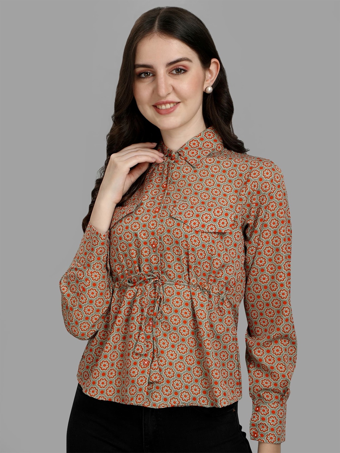 

Vaidehi Fashion Floral Print Crepe Shirt Style Top, Red