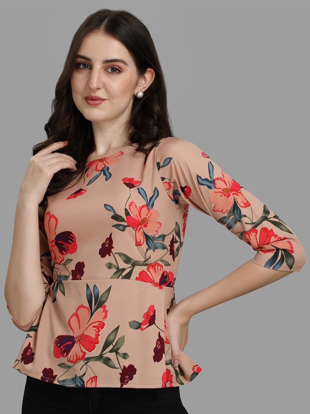 

Vaidehi Fashion Floral Print Crepe Peplum Top, Peach
