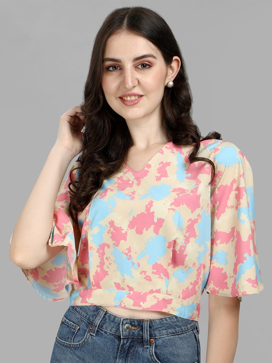 

Vaidehi Fashion Floral Print Crepe Crop Top, Cream