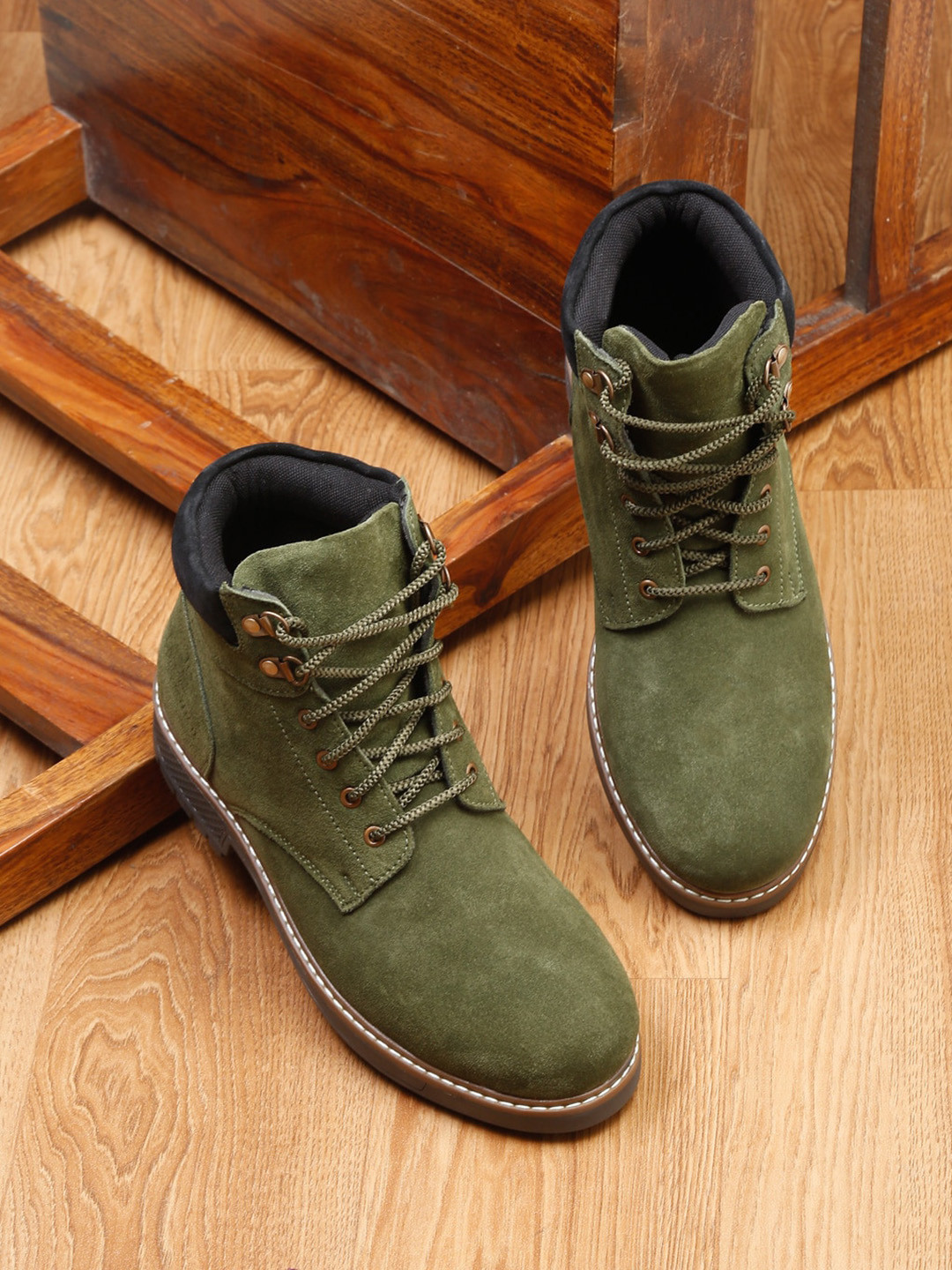 

LOUIS STITCH Men Mid-Top Suede Biker Boots, Olive
