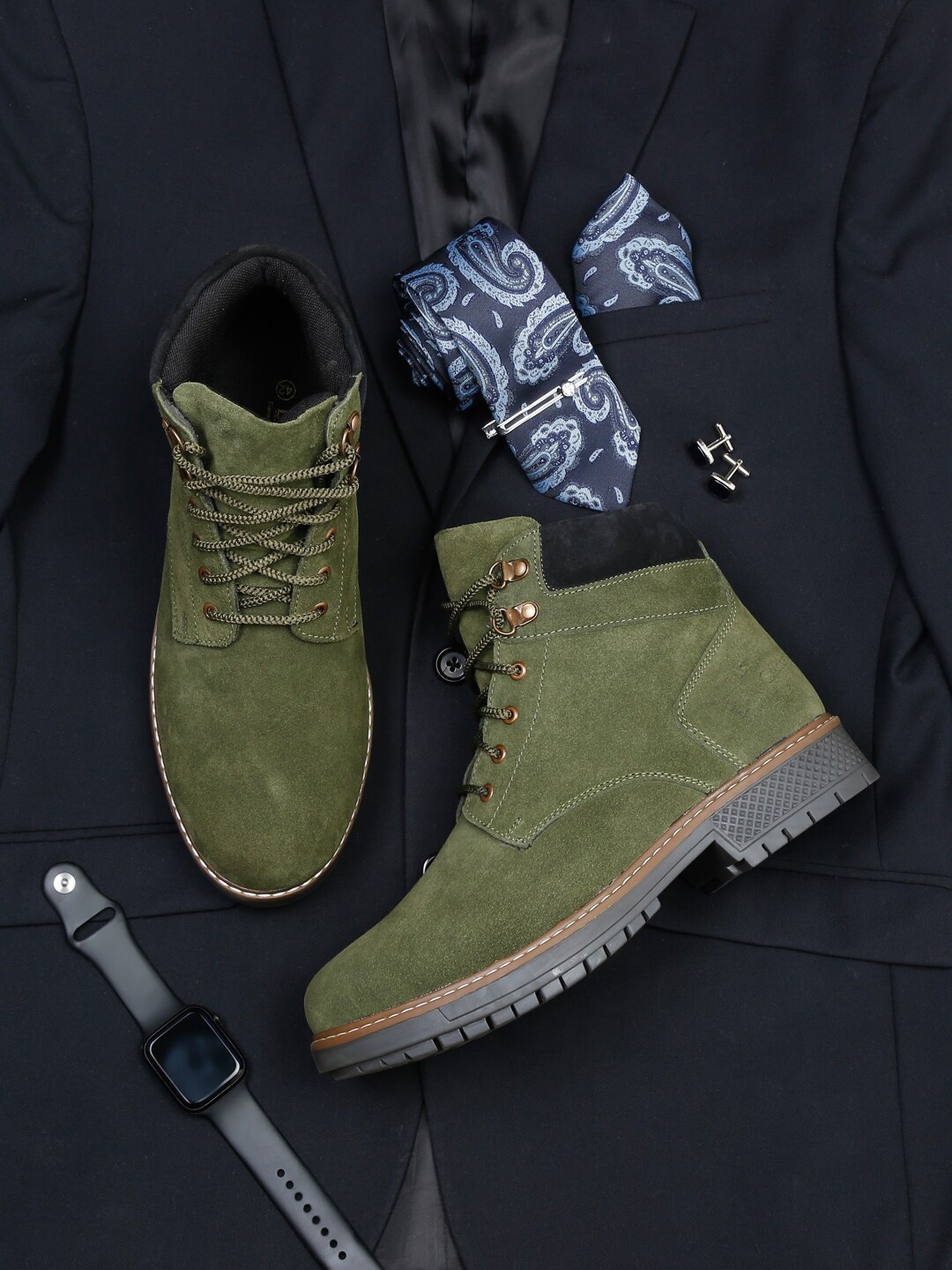 

LOUIS STITCH Men Mid-Top Biker Boots, Olive