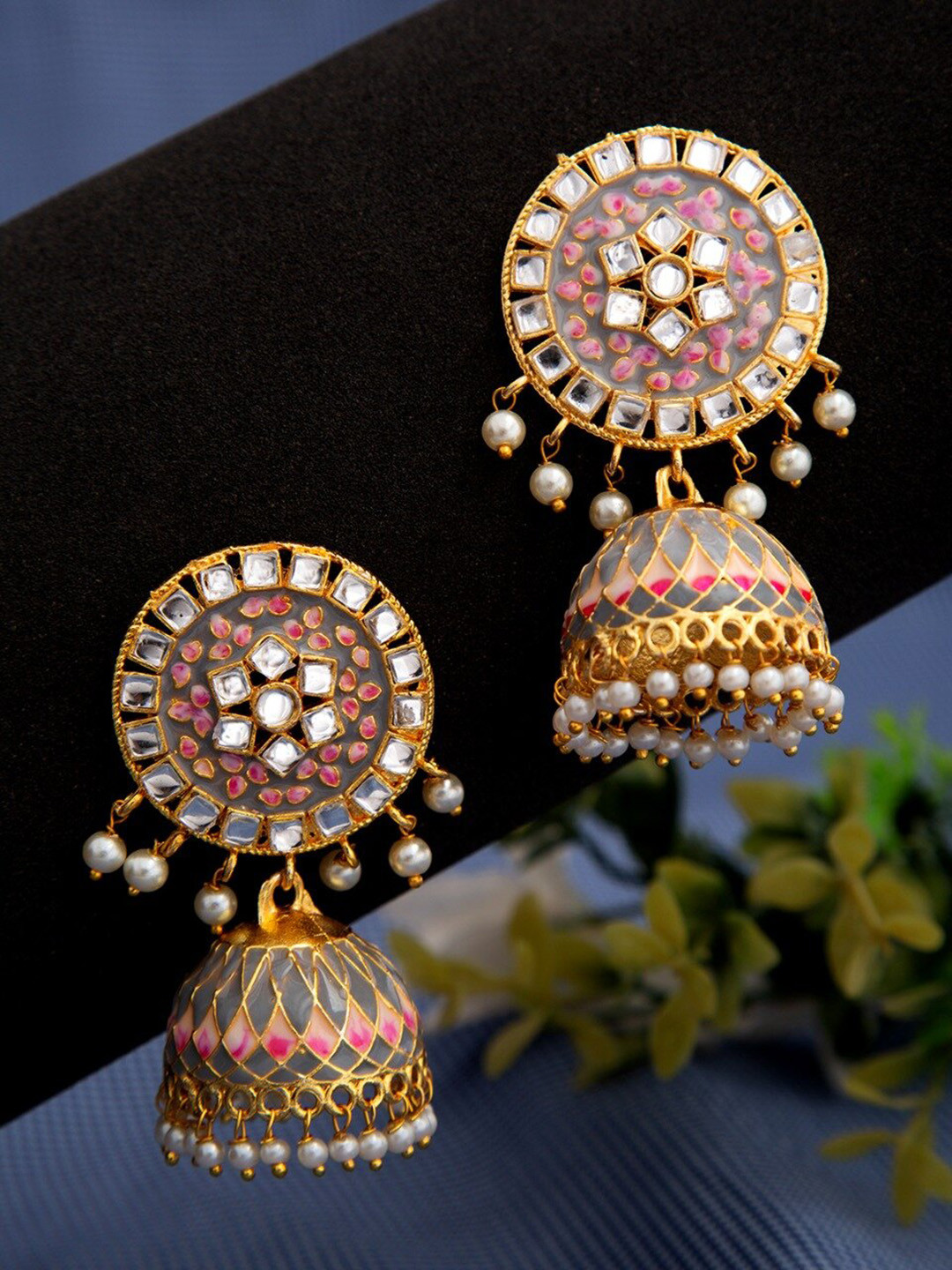

Dhrohar Beaded Dome Shaped Gold-Plated Jhumkas, White