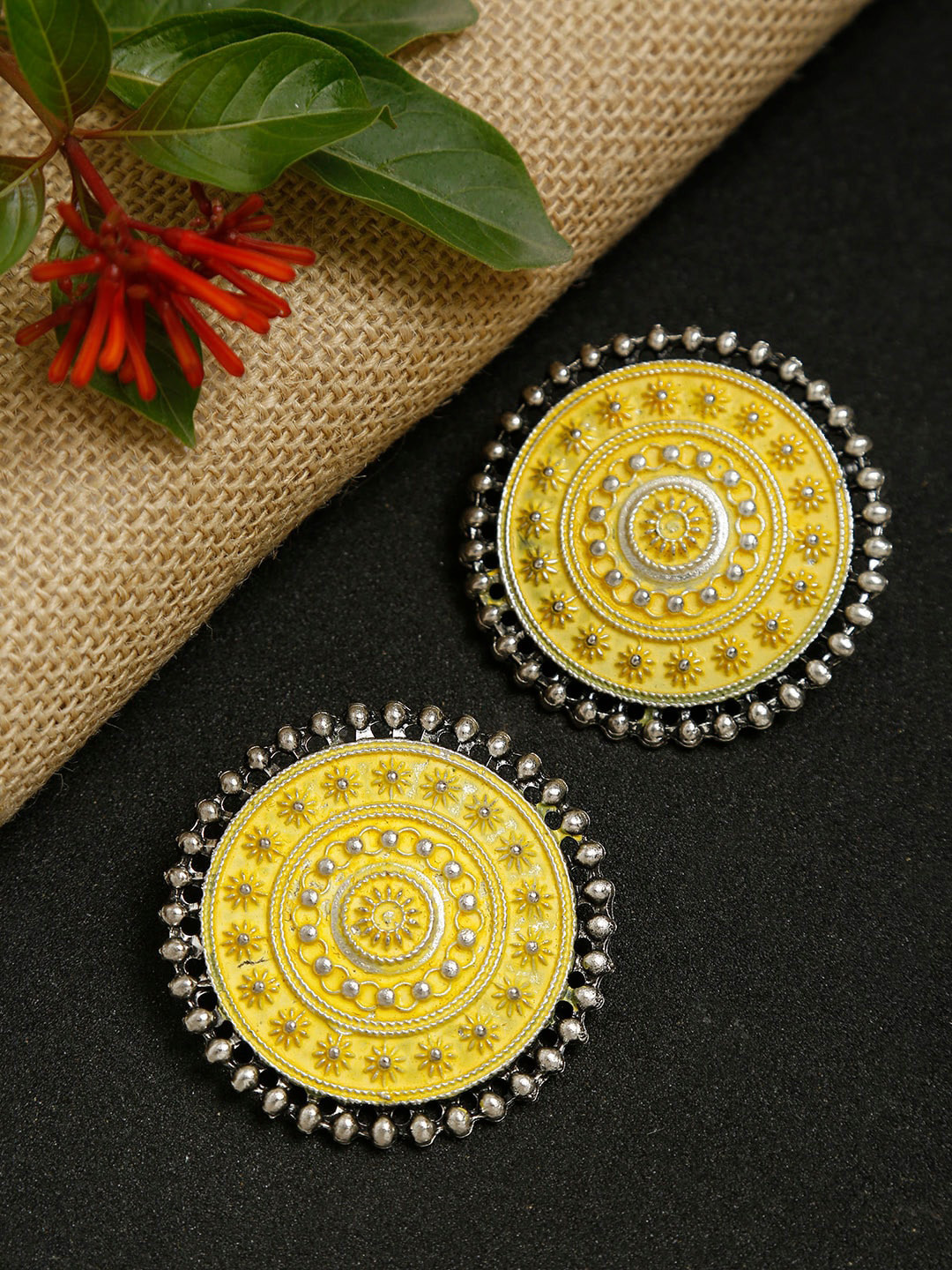 

Dhrohar Circular Rhodium-plated Oxidised Studs Earrings, Yellow