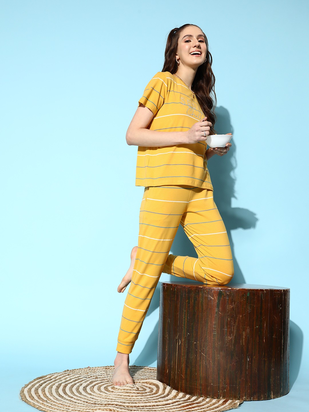 

Sweet Dreams Women Striped Night suit, Mustard