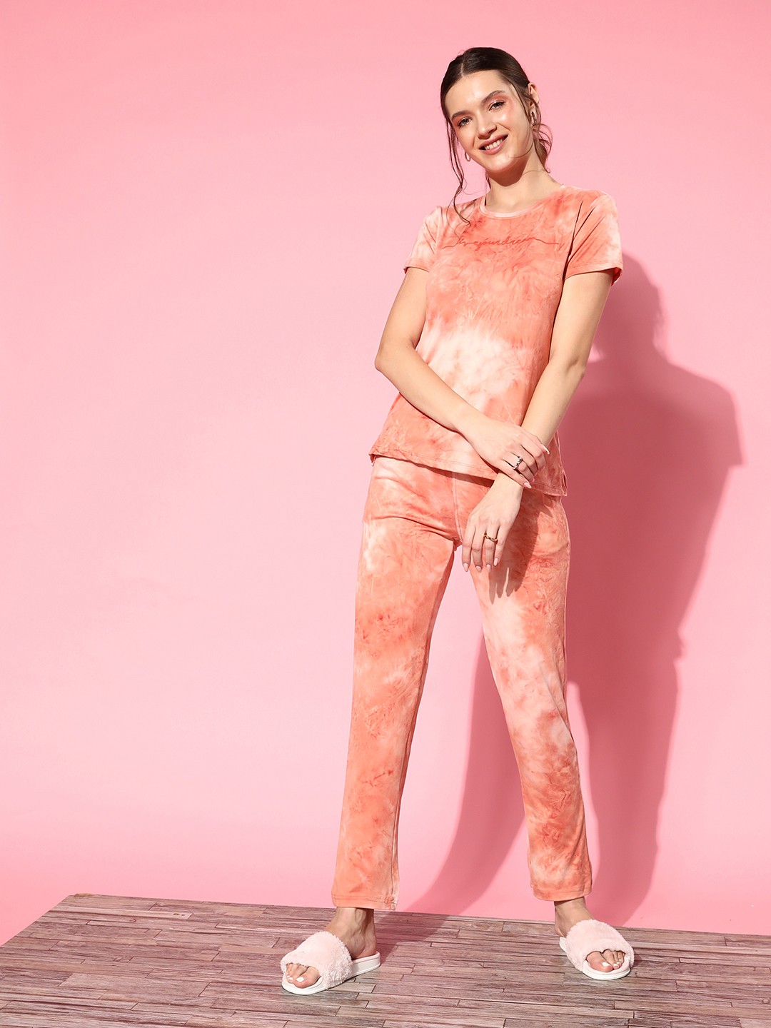 

Sweet Dreams Women Peach-Coloured Tie & Dye Night Suit