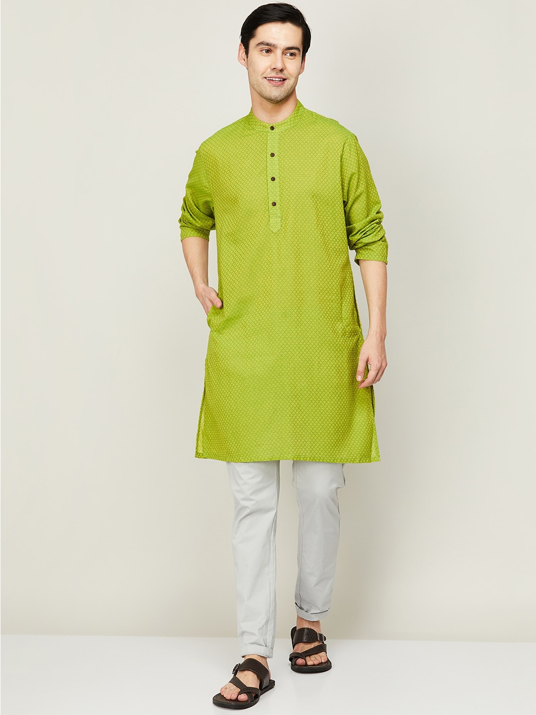 

Melange by Lifestyle Men Checked Cotton Straight Kurta, Green