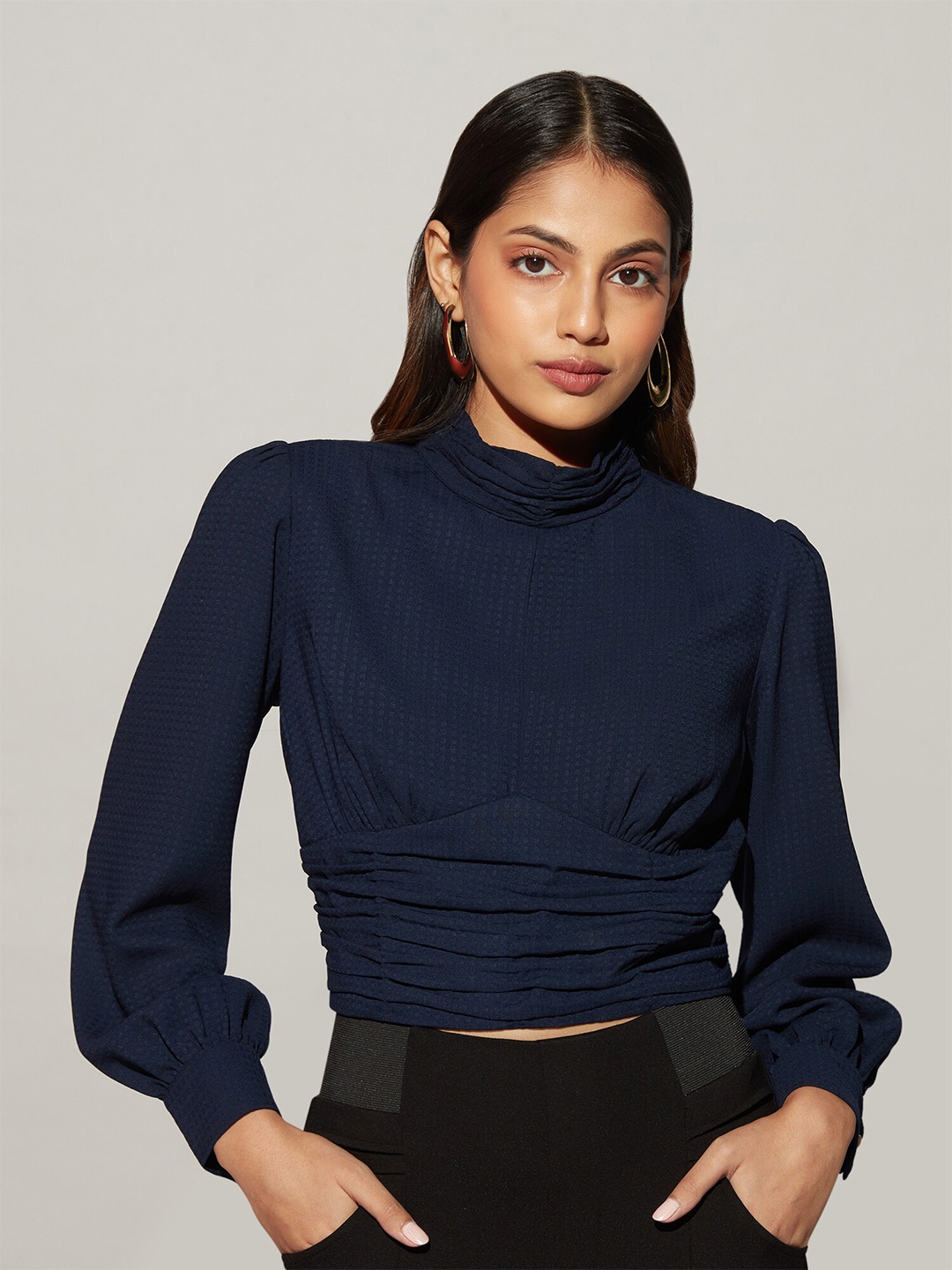 

20Dresses Ruffles Smocked Blouson Crop Top, Navy blue