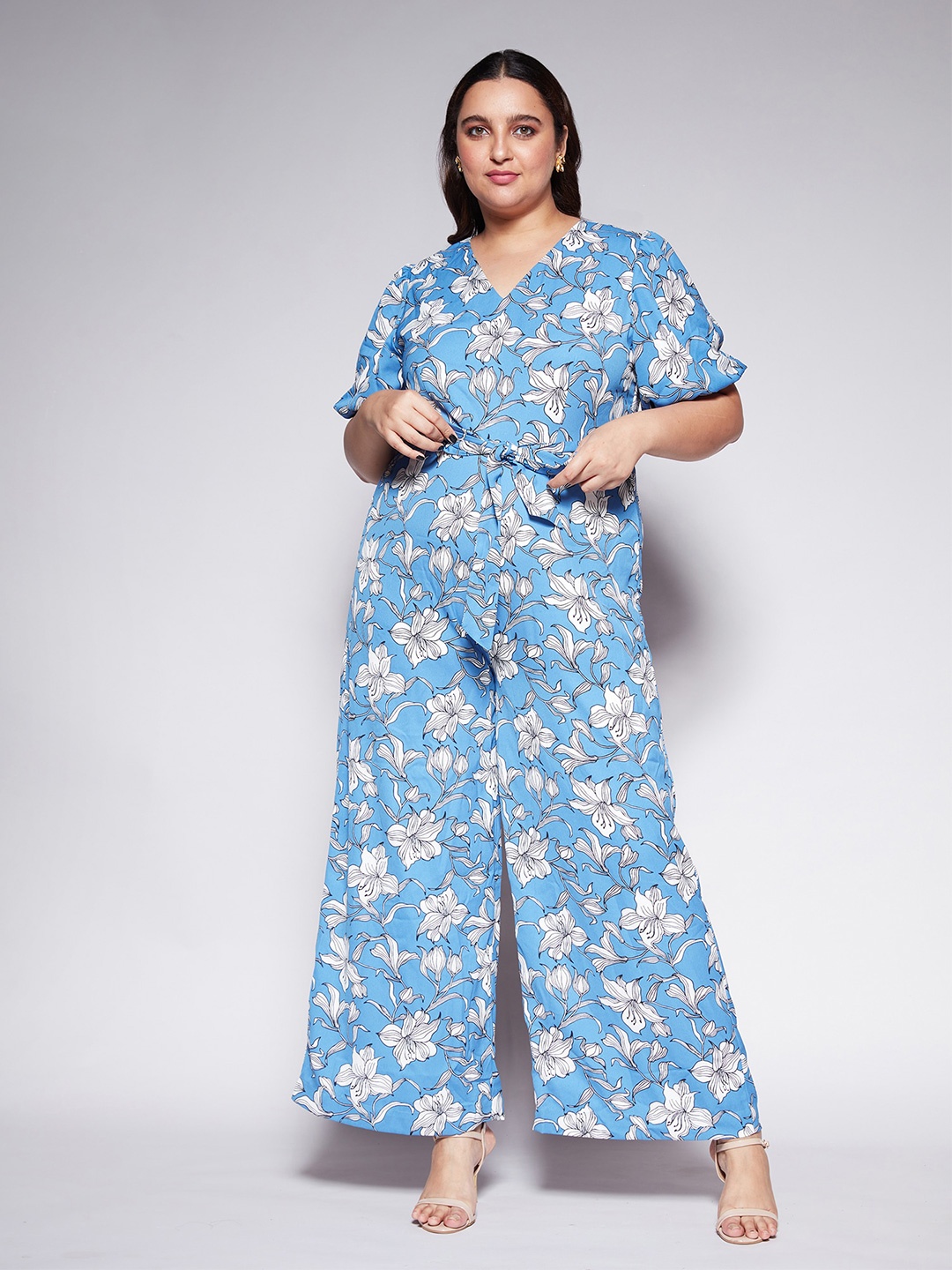 

20Dresses Floral Printed V Neck Wide Leg Work Jumpsuit, Blue