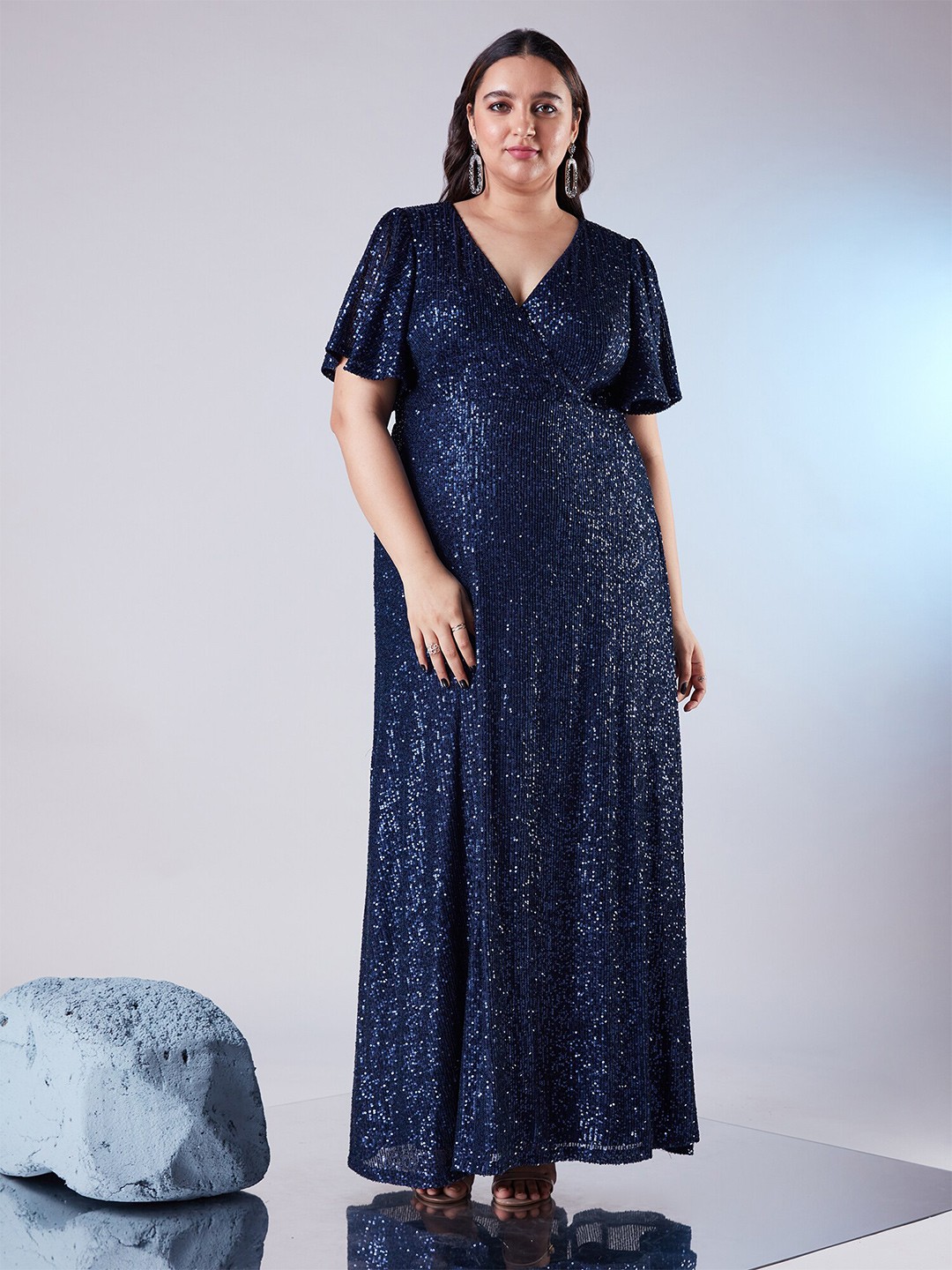 

20Dresses Plus Size Self Design Flared Sleeve Dress, Navy blue