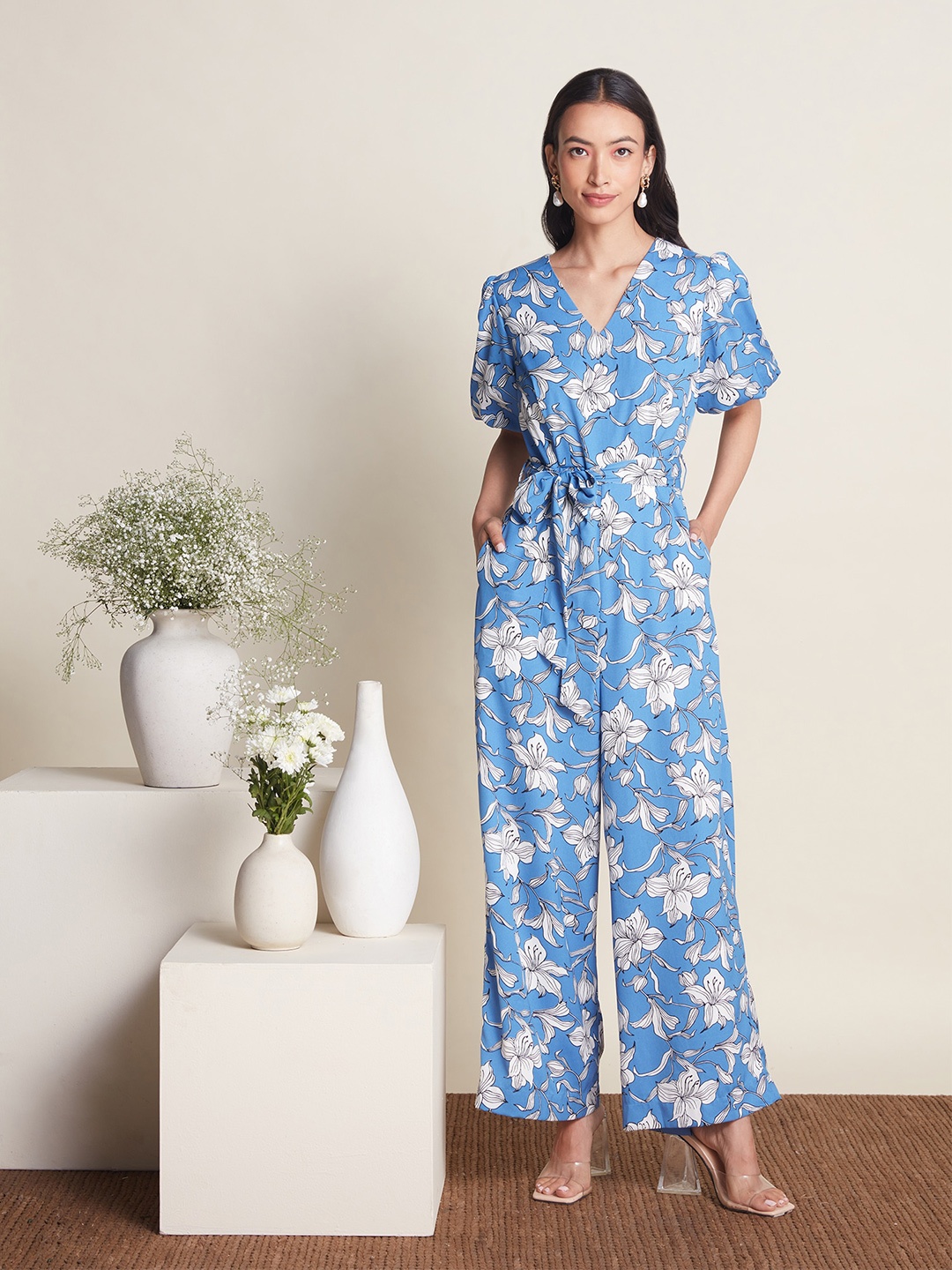 

20Dresses Floral Printed V Neck Wide Leg Jumpsuit, Blue