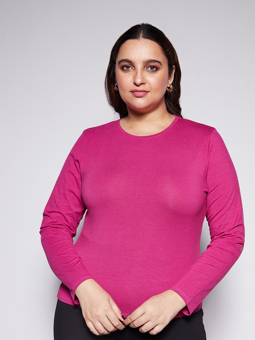 

20Dresses Women Plus Size Long Sleeve Round Neck Cotton T-shirt, Magenta