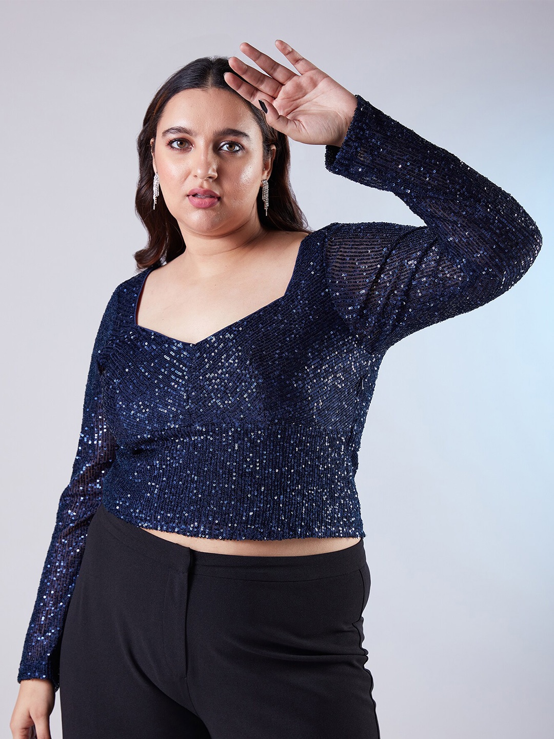 

20Dresses Plus Size Embellished Sweetheart Neck Top, Navy blue