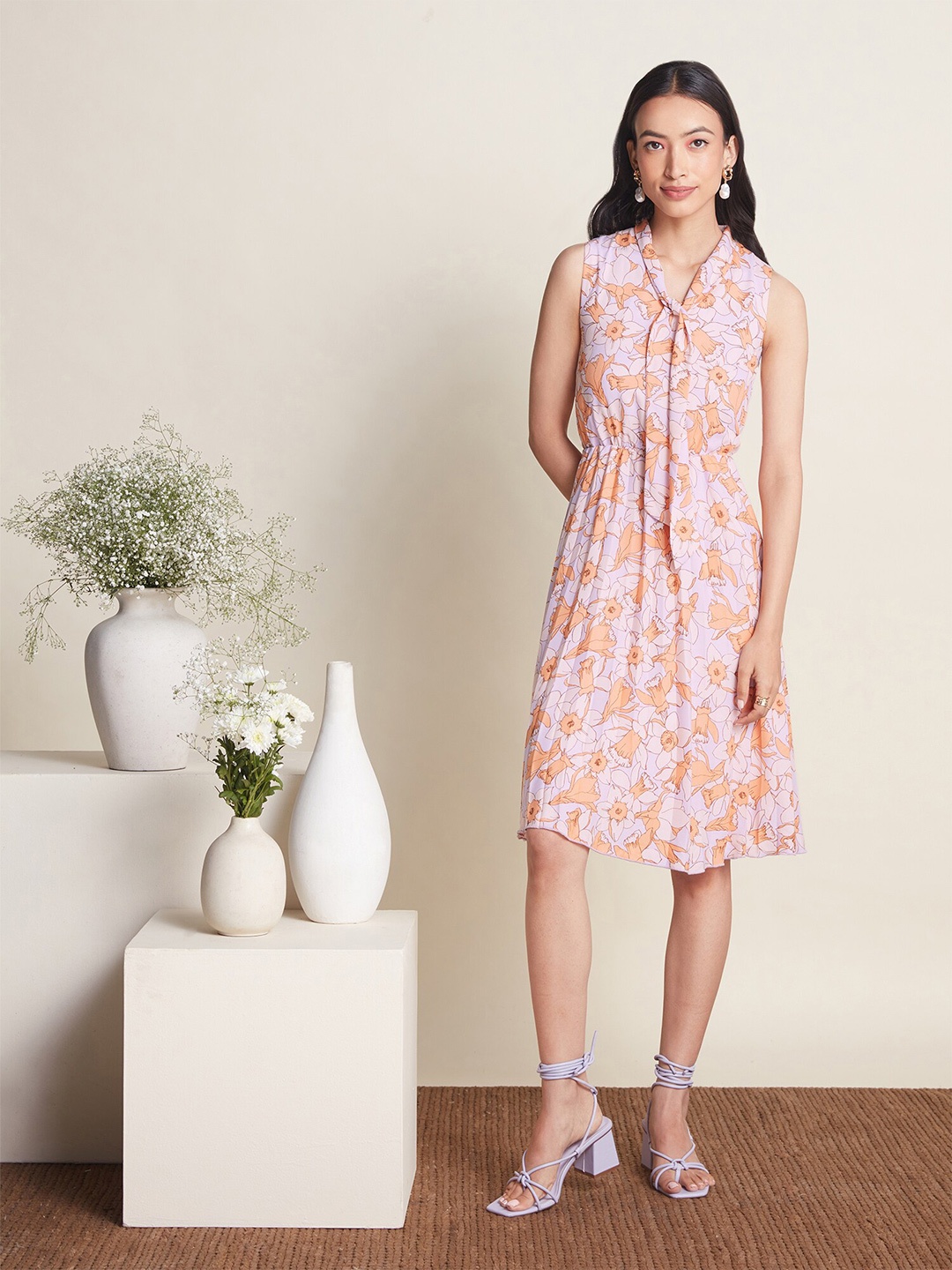 

20Dresses Floral Printed Tie-Up Neck A-Line Dress, Lavender