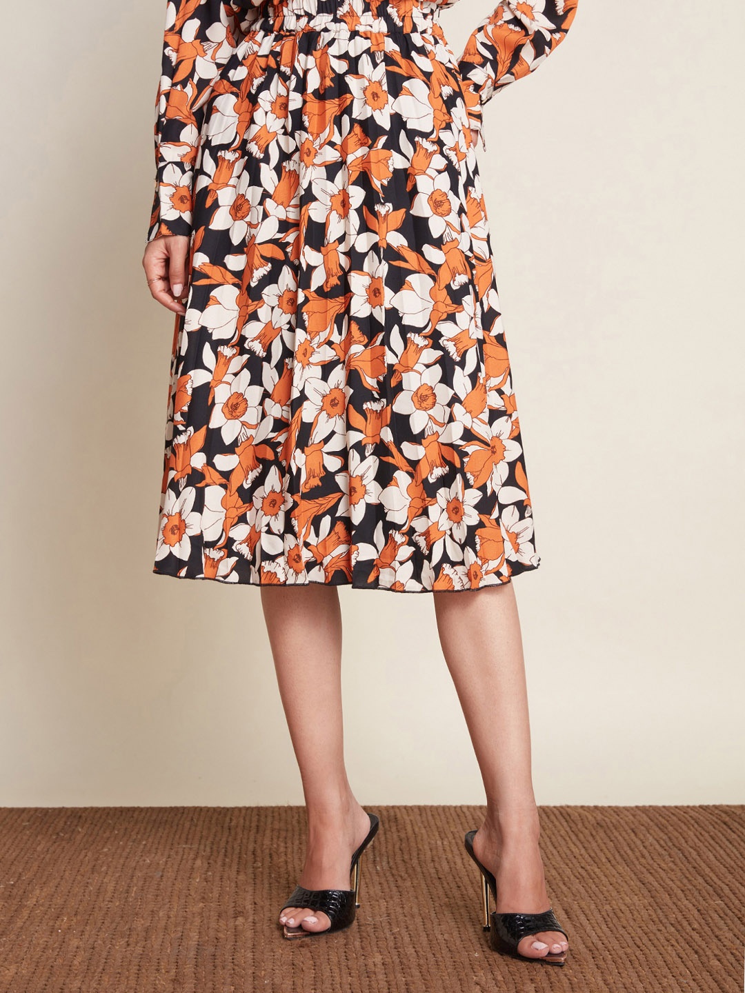 

20Dresses Women Floral Printed A-Line Pleated Midi Skirt, Black