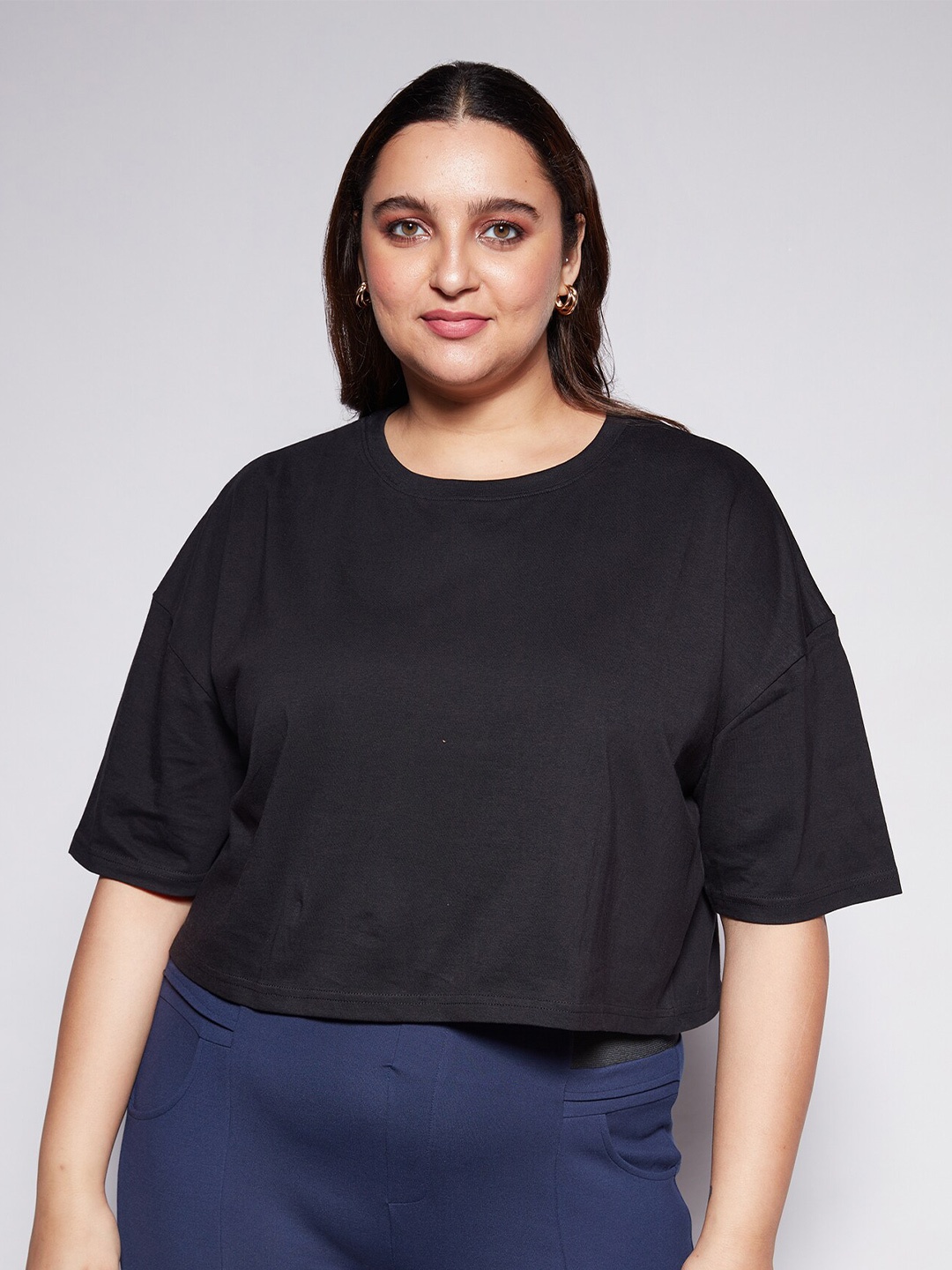 

20Dresses Women Plus Size Drop Shoulder Sleeves Pure Cotton T-shirt, Black