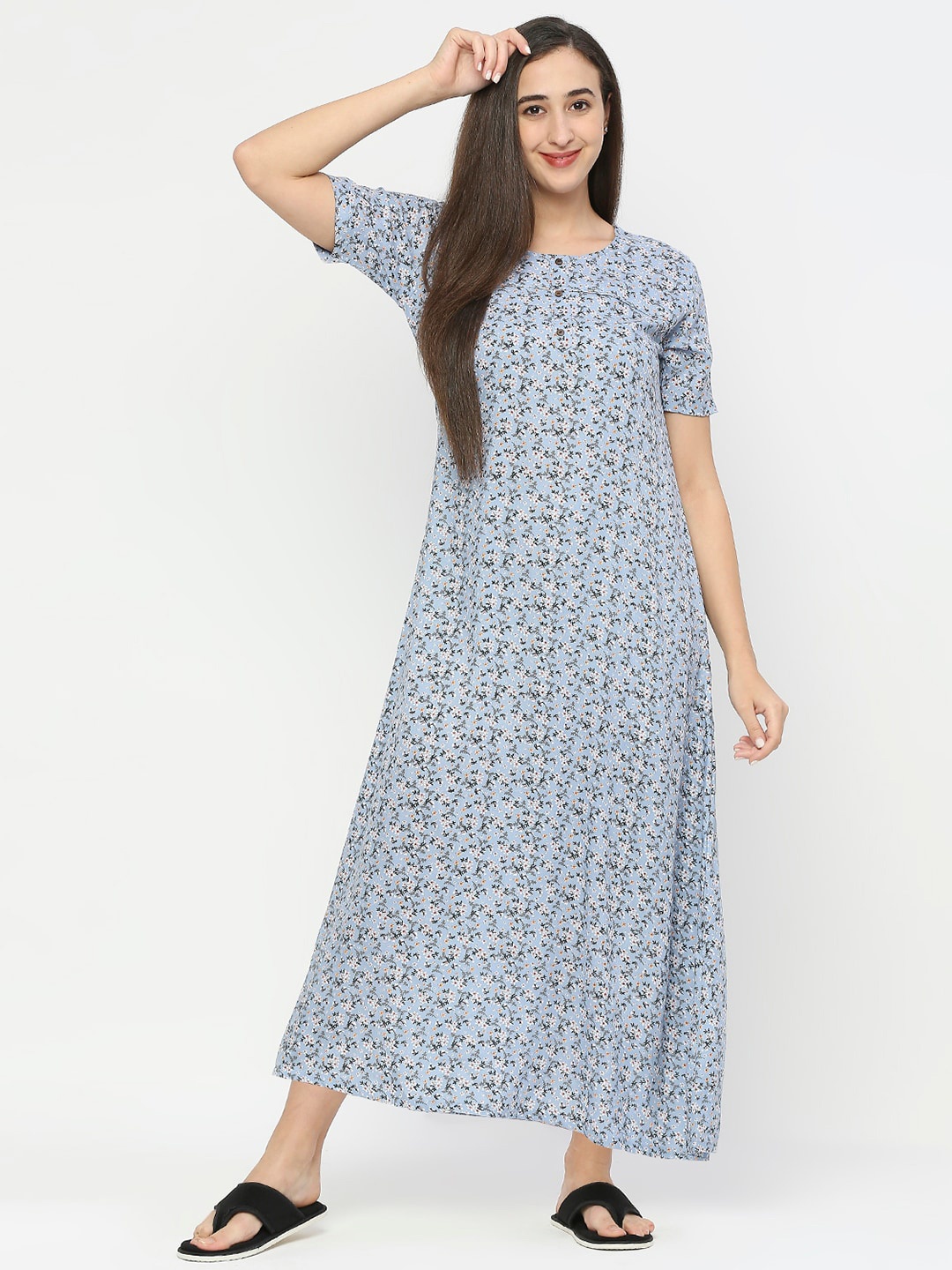 

Smarty Pants Floral Printed Pure Cotton Midi Nightdress, Blue