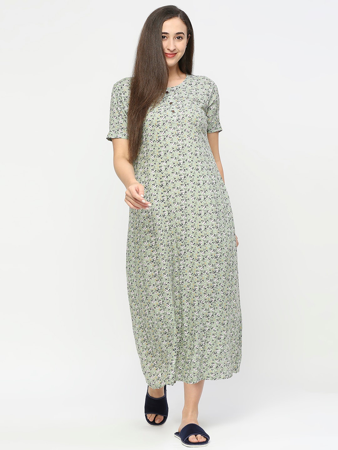 

Smarty Pants Floral Printed Pure Cotton Midi Nightdress, Olive