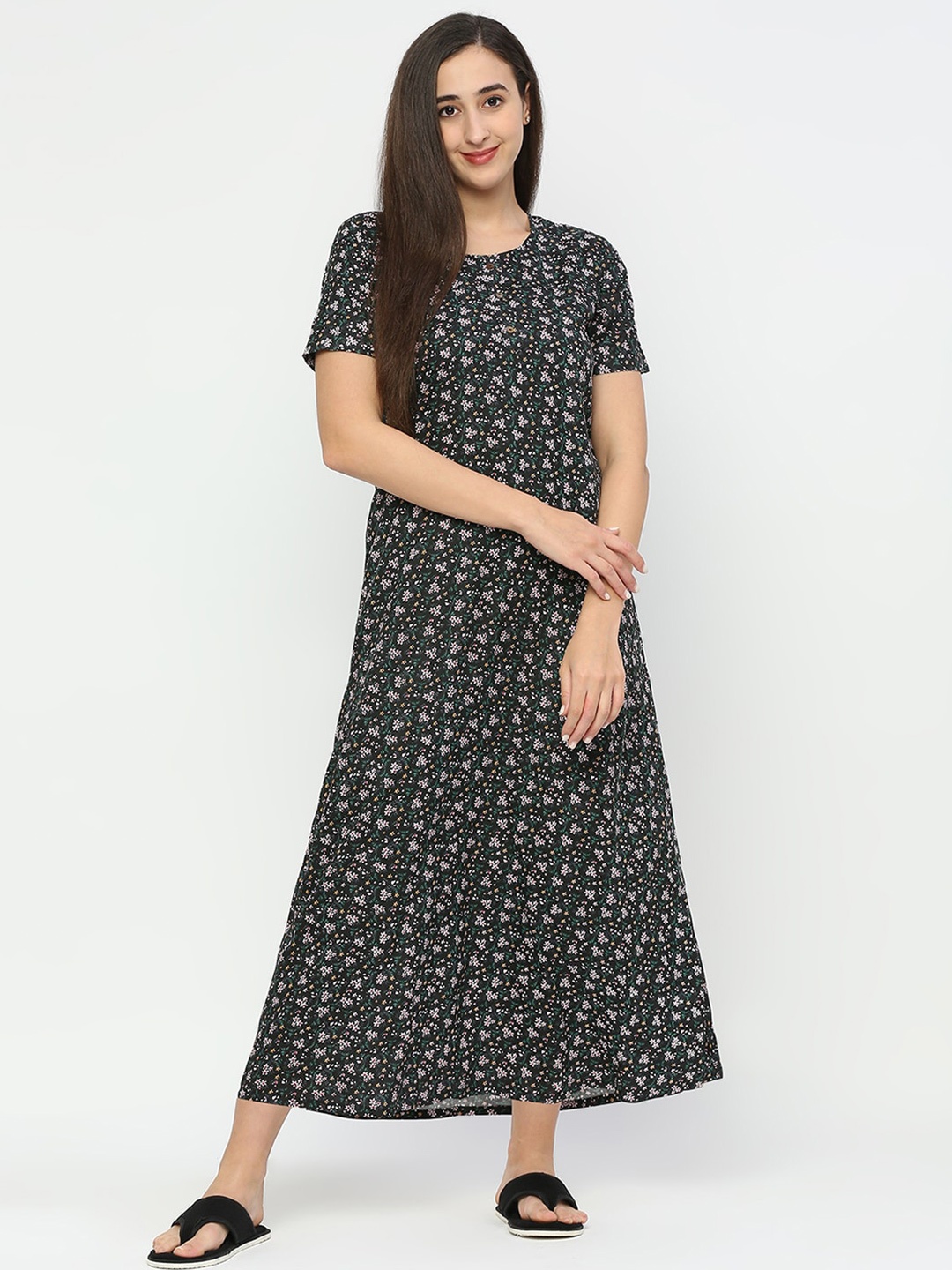 

Smarty Pants Floral Printed Pure Cotton Midi Nightdress, Black