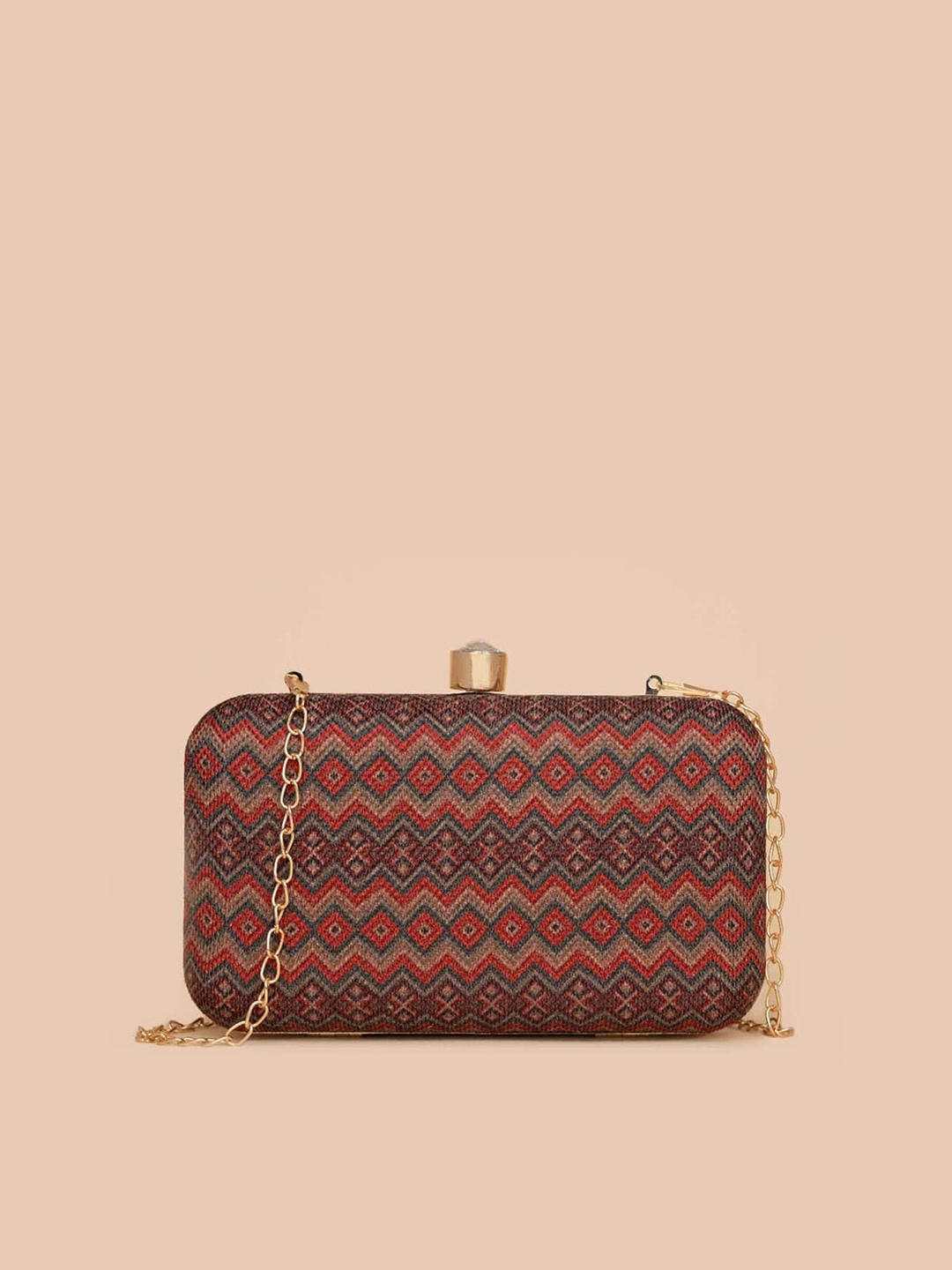 

ZOUK Women Printed Jute Shoulder Strap Box Clutch, Coffee brown