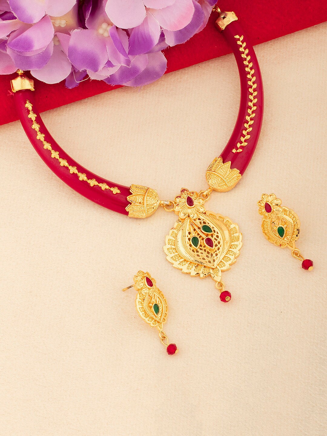 

Alamod Gold-Plated Stone-Studded Jewellery Set, Red