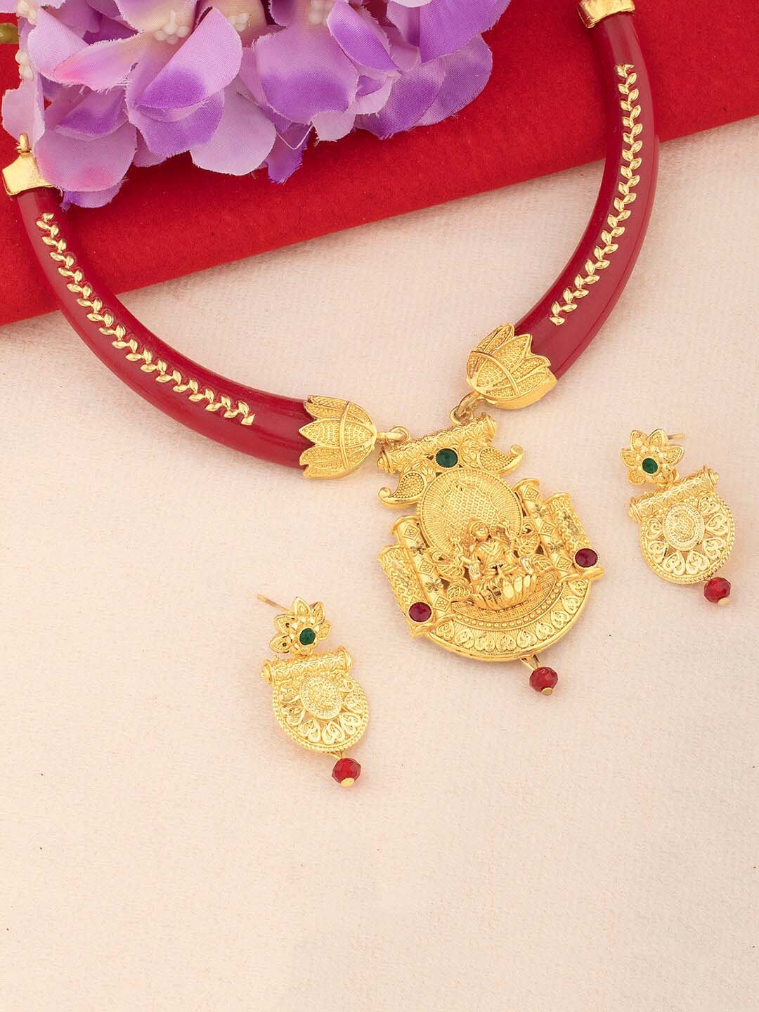 

Alamod Gold-Plated Stone-Studded & Beaded Jewellery Set, Red