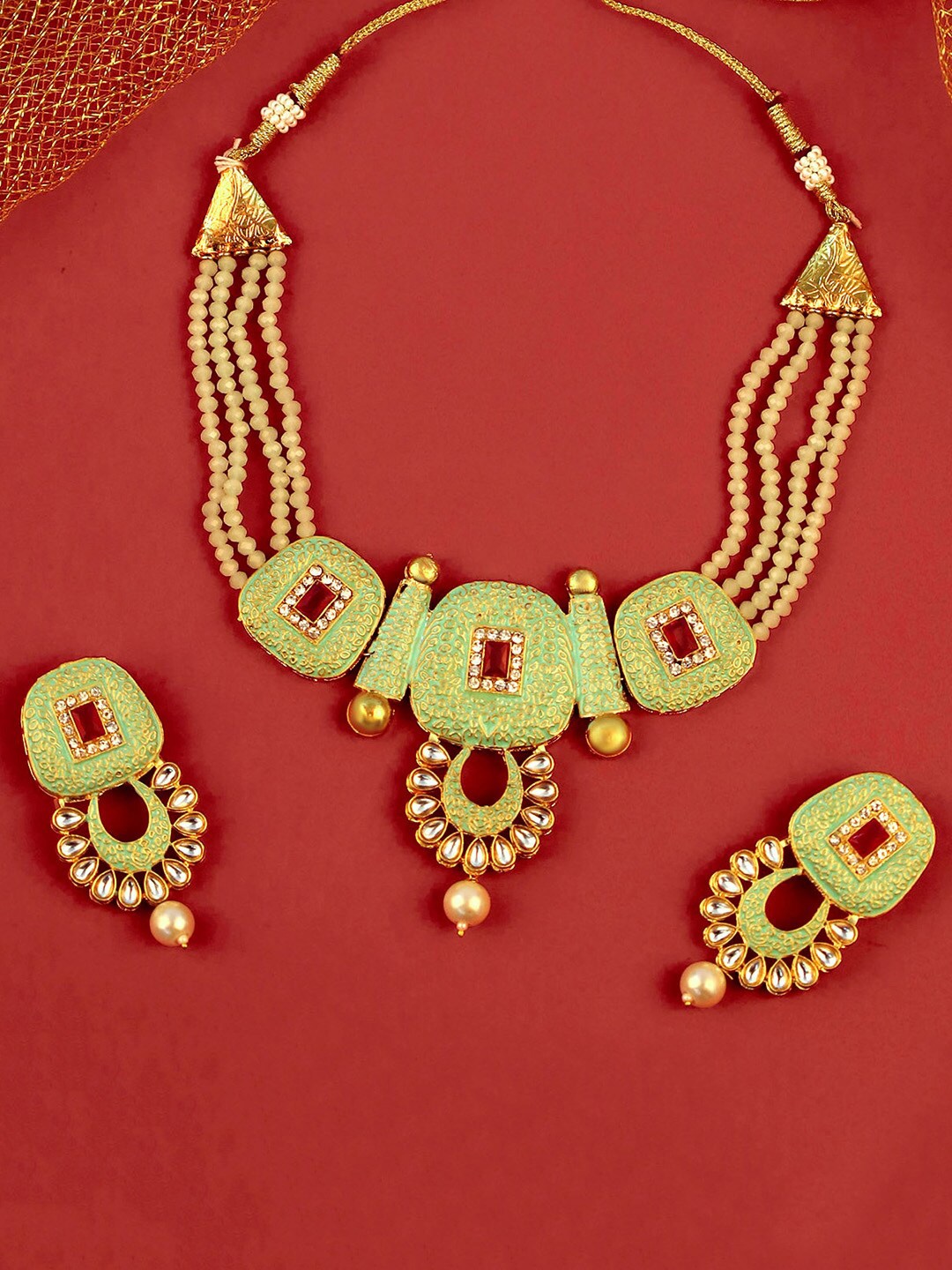 

Alamod Gold-Plated Enameled Kundan-Studded & Beaded Jewellery Set, Green