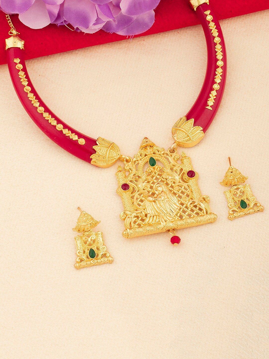

Alamod Gold-Plated Stone-Studded & Beaded Jewellery Set, Red