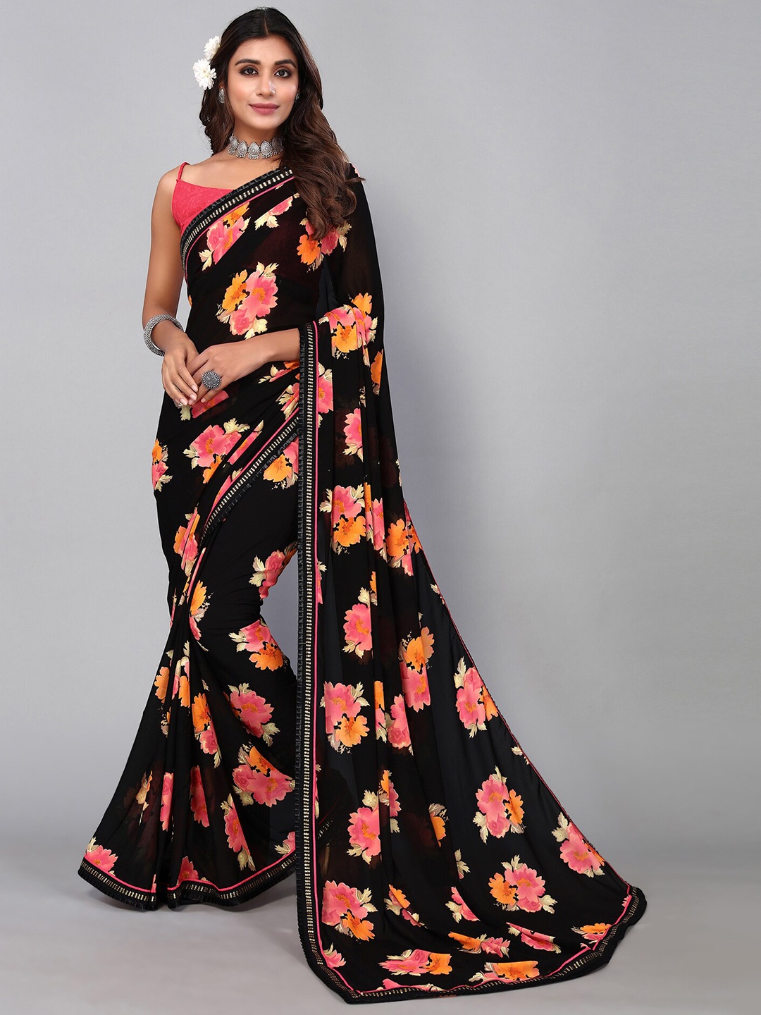 

KALINI Black & Pink Floral Sequinned Saree