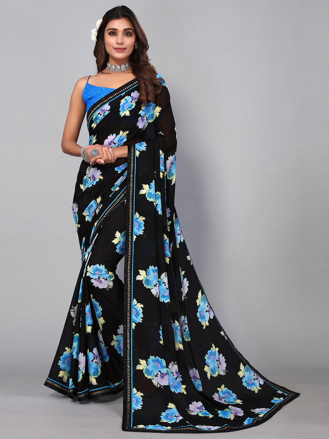 

KALINI Floral Sequinned Saree, Black