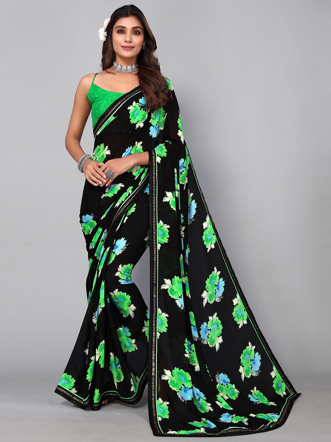 

KALINI Floral Sequinned Saree, Black