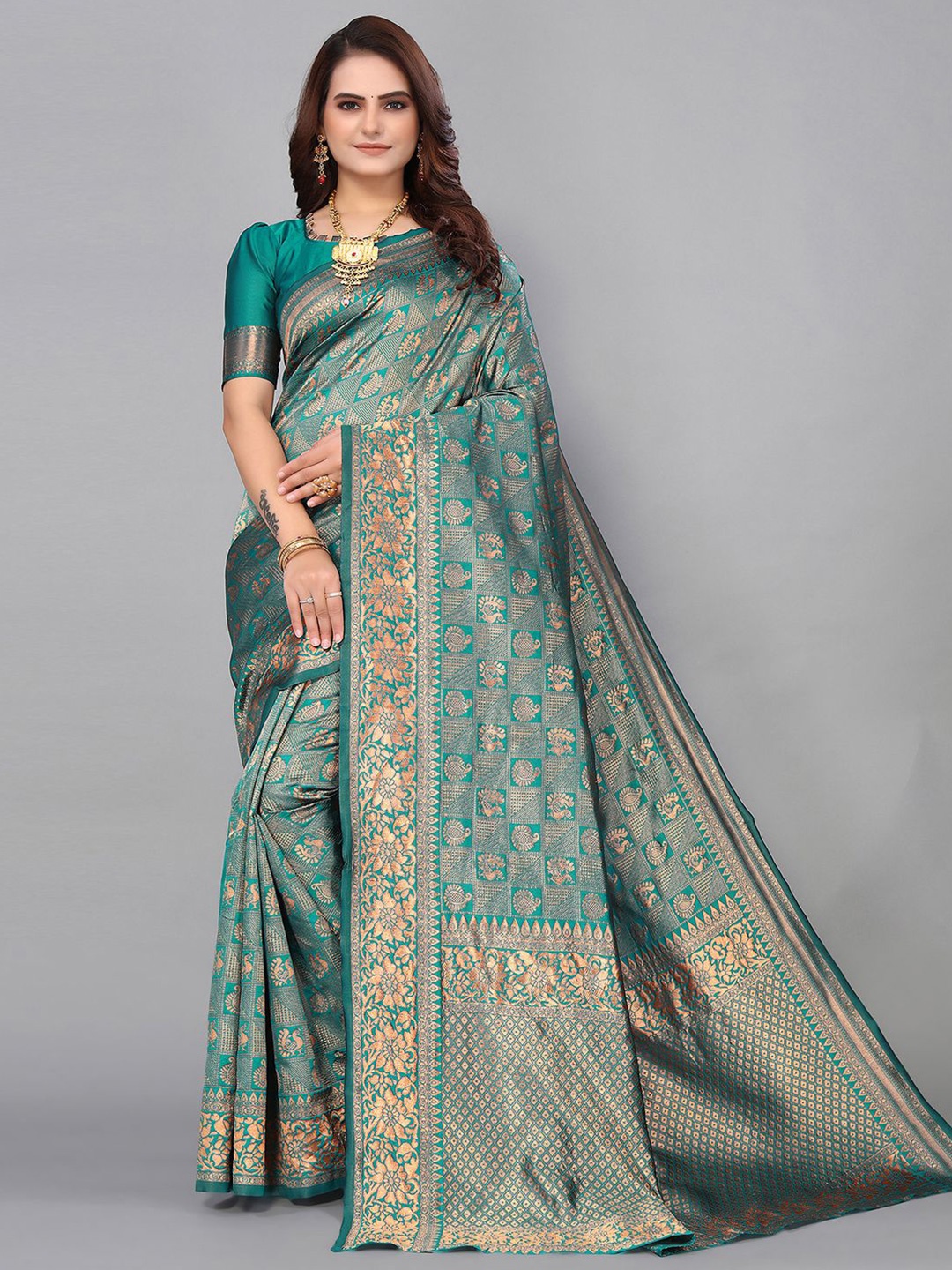 

KALINI Ethnic Motifs Zari Banarasi Saree, Green