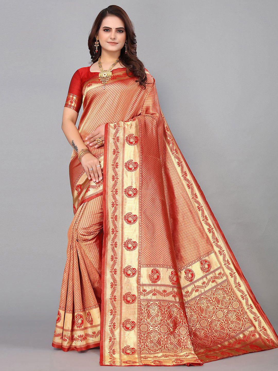 

KALINI Ethnic Motifs Zari Banarasi Saree, Red
