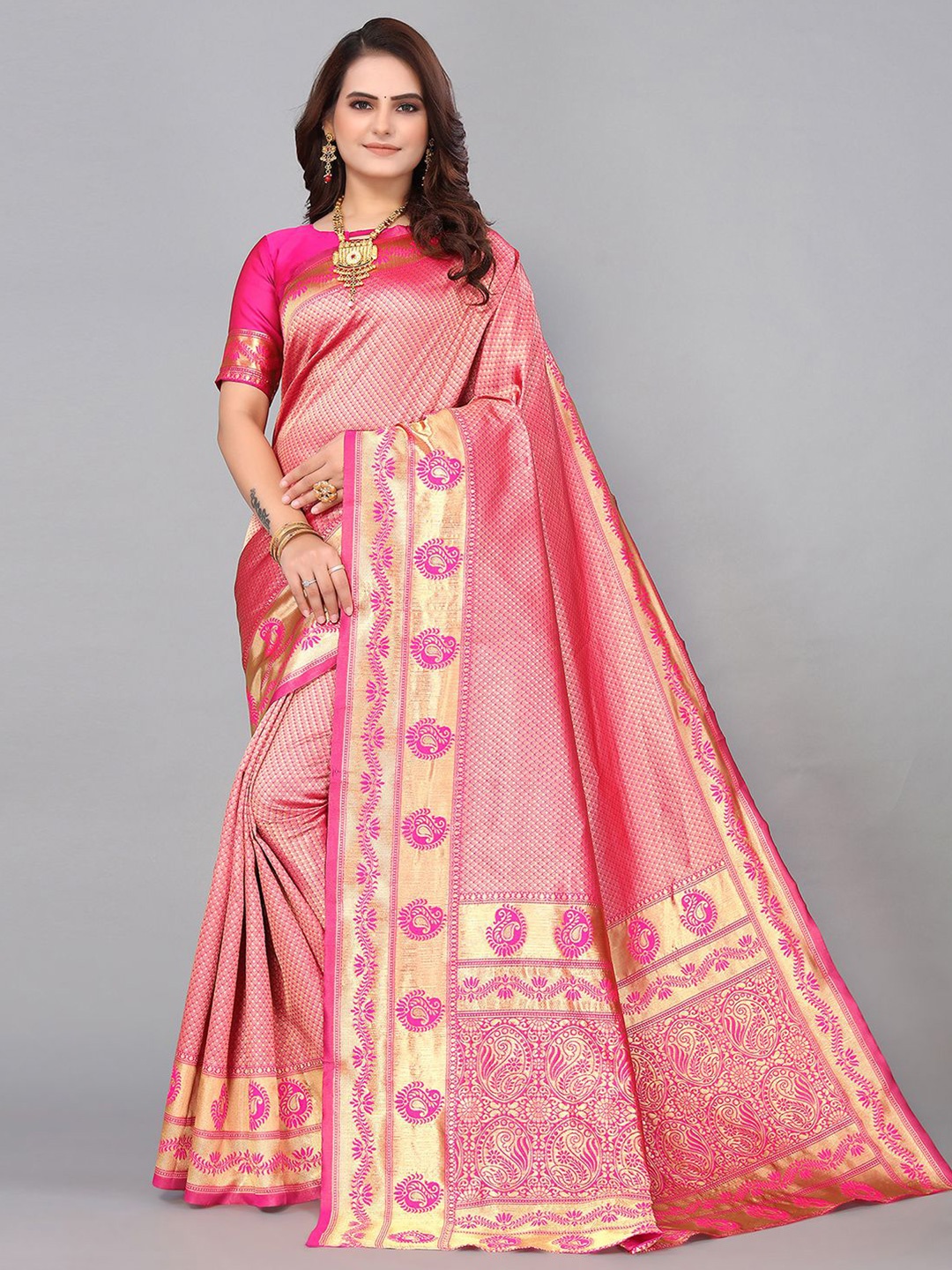 

KALINI Ethnic Motifs Zari Banarasi Saree, Pink