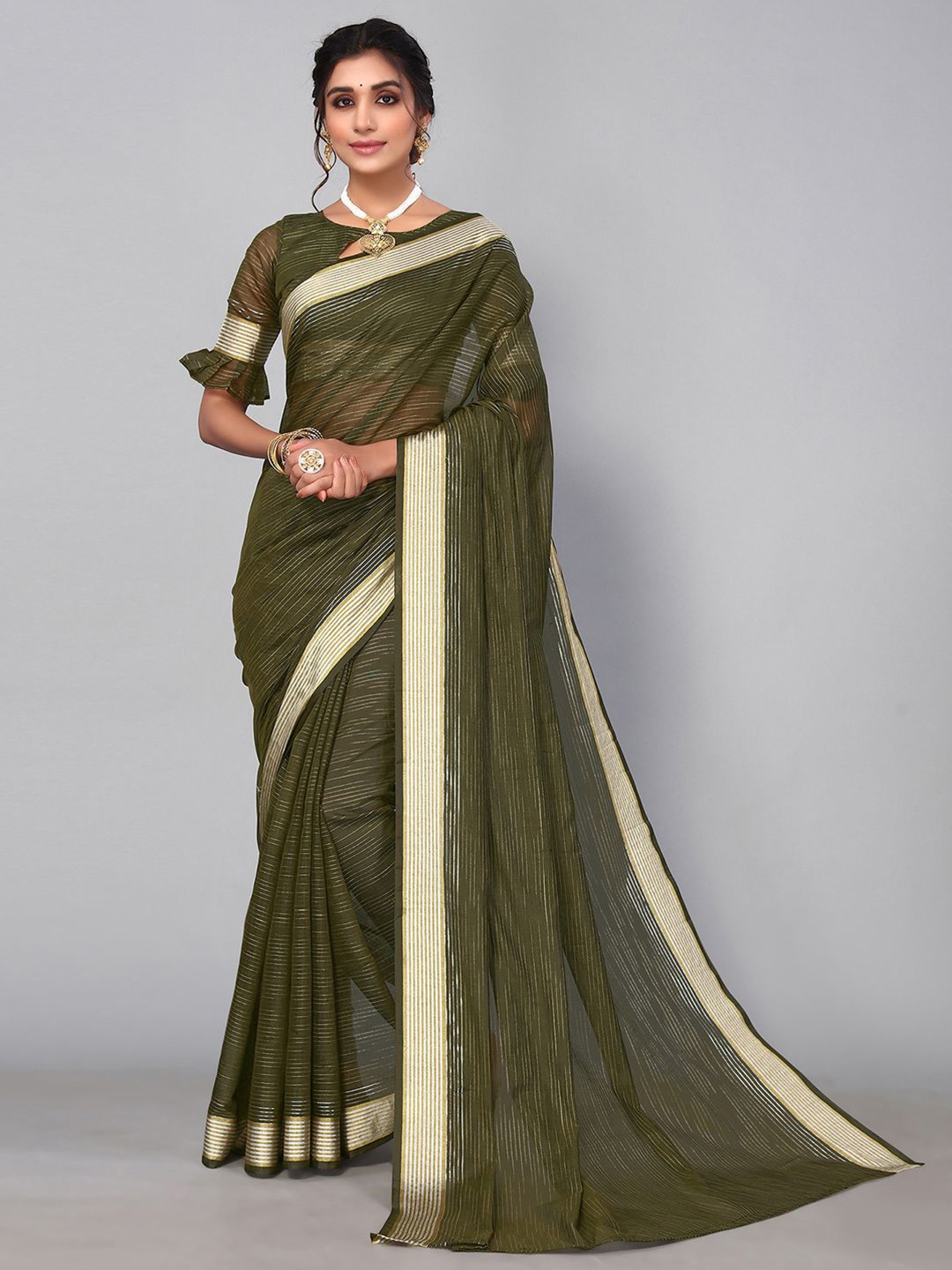

KALINI Striped Zari Saree, Olive