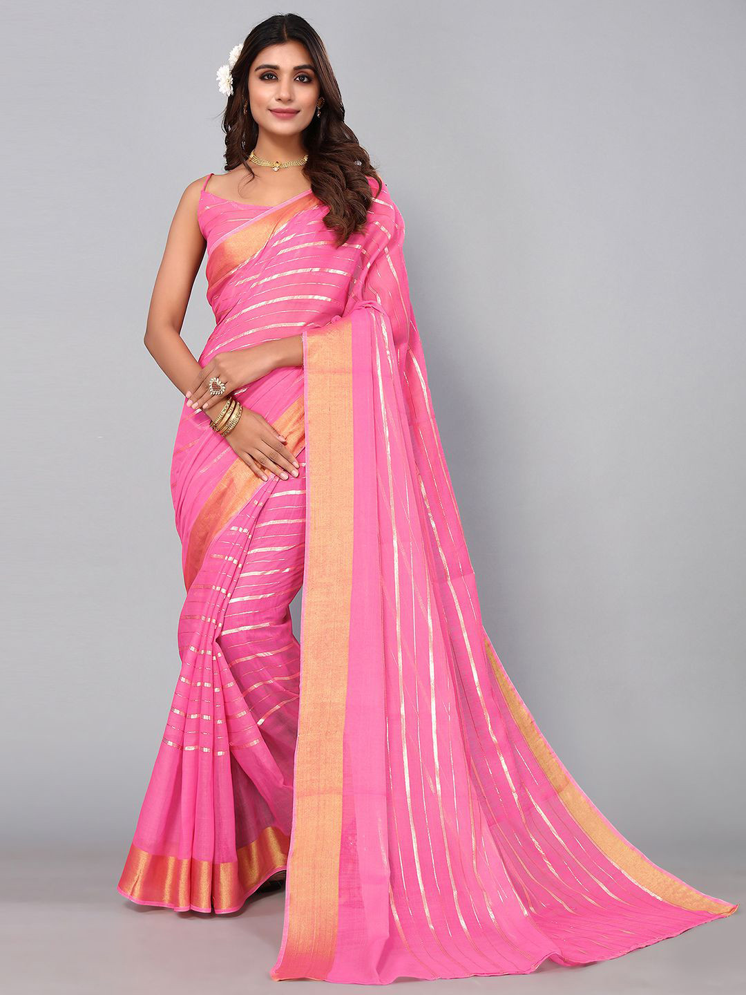 

KALINI Striped Zari Saree, Pink