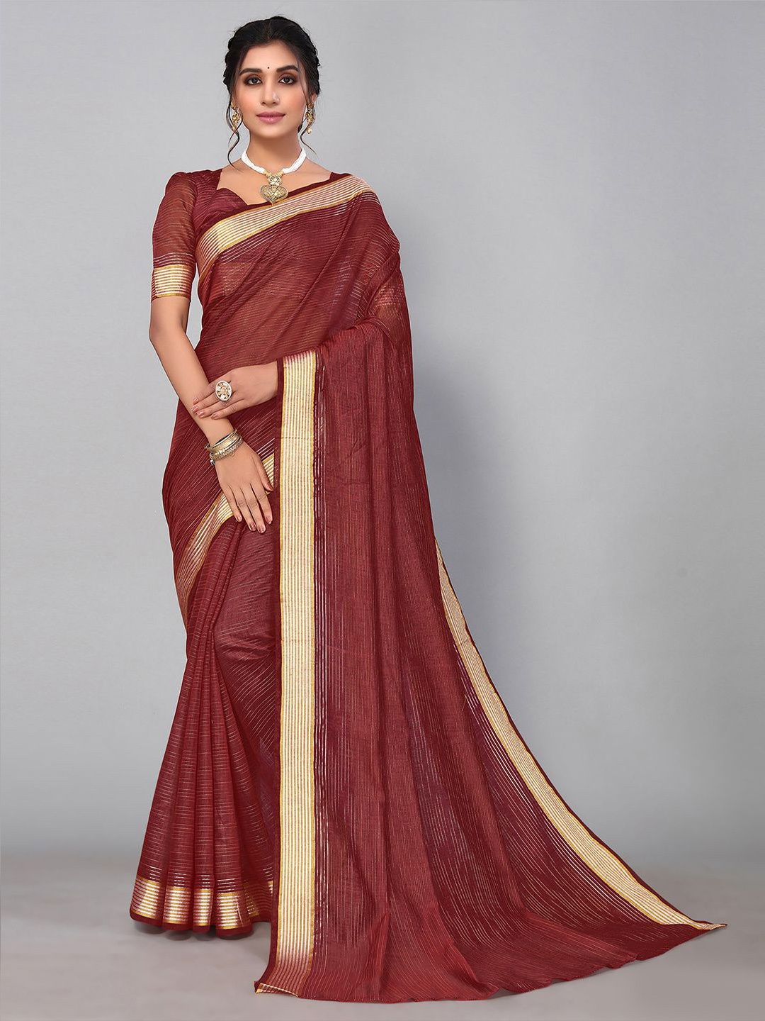 

KALINI Striped Zari Saree, Maroon